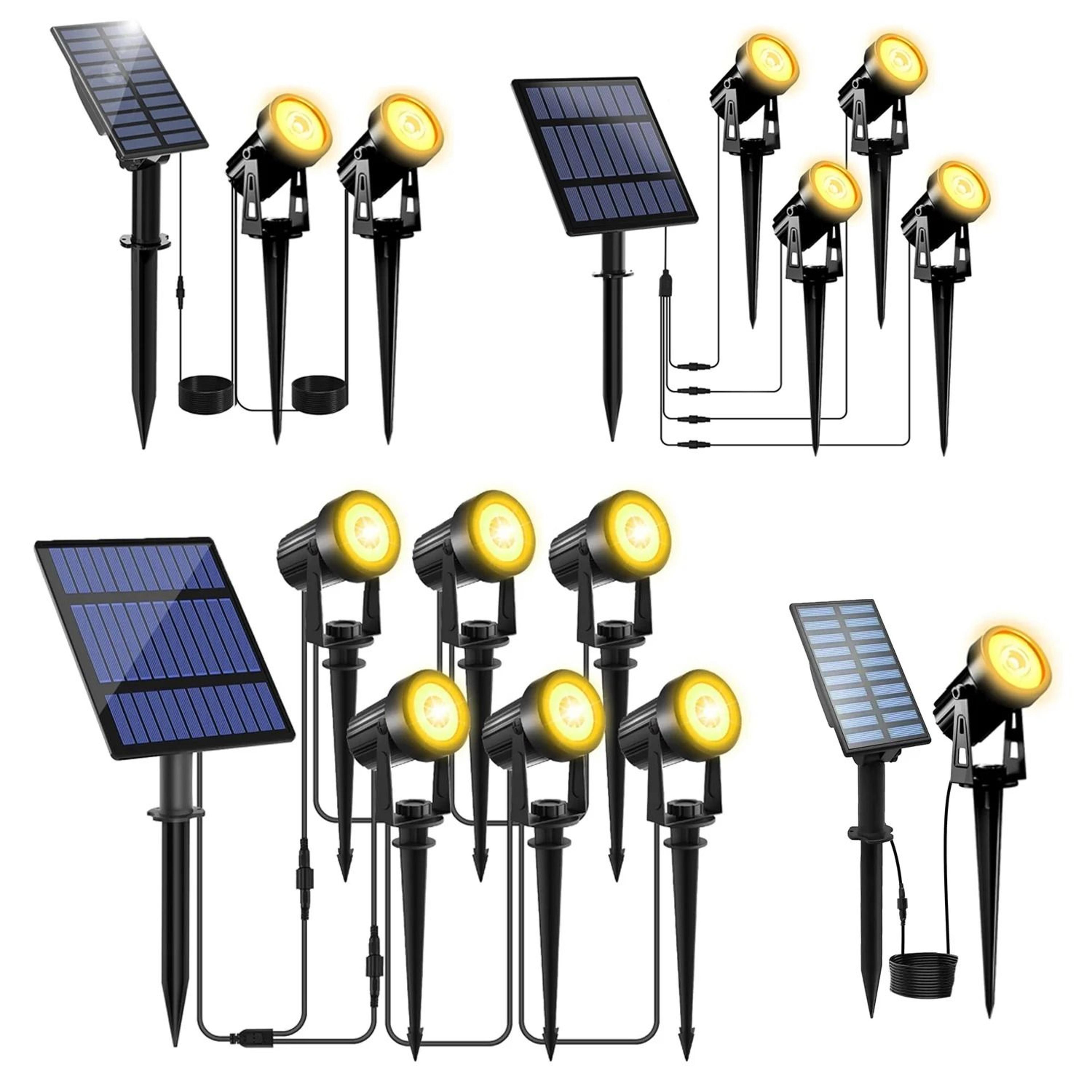 solar landscape spotlights cast warm waterproof light across gardens trees pathways