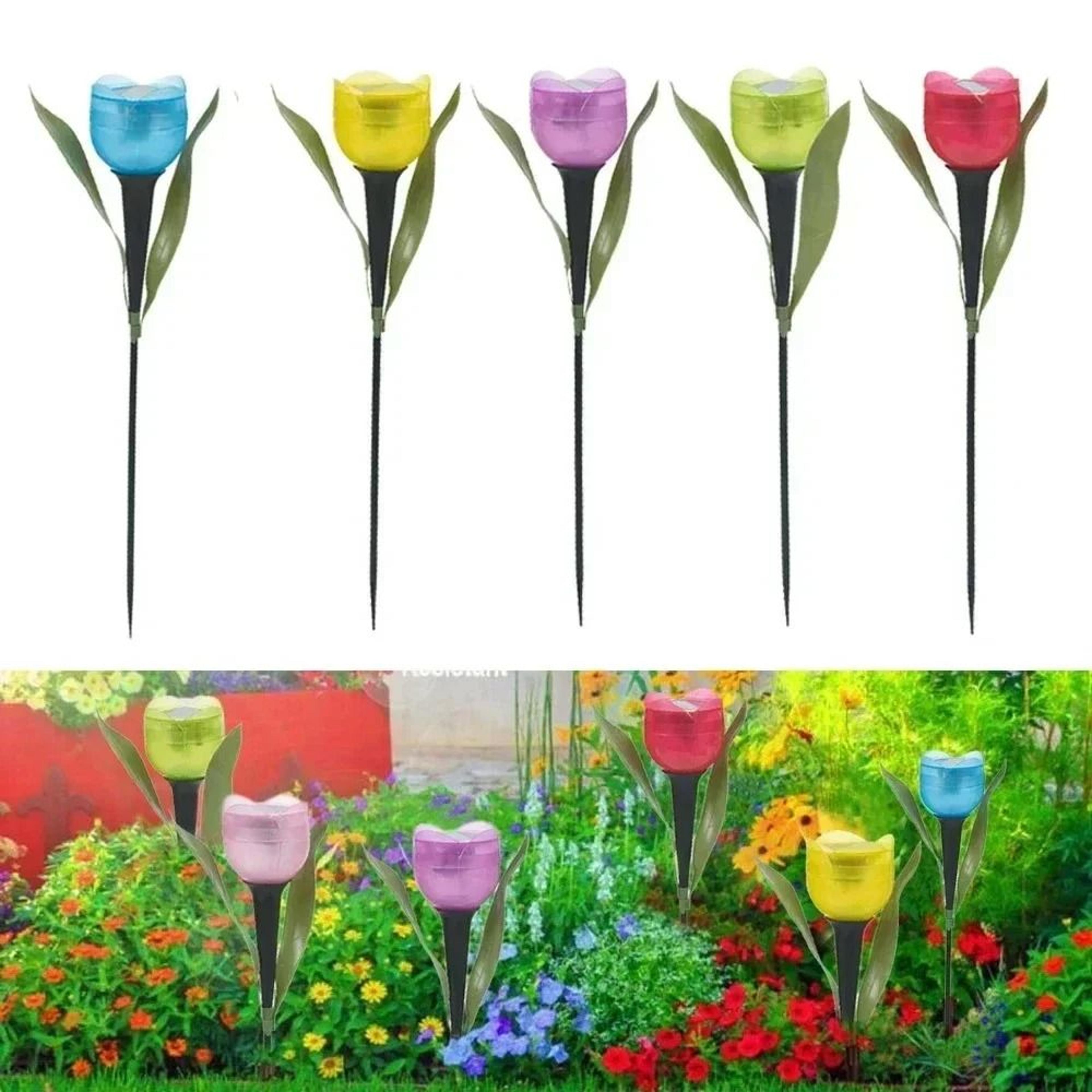 solar tulip garden lights add warm floral glow to outdoor spaces