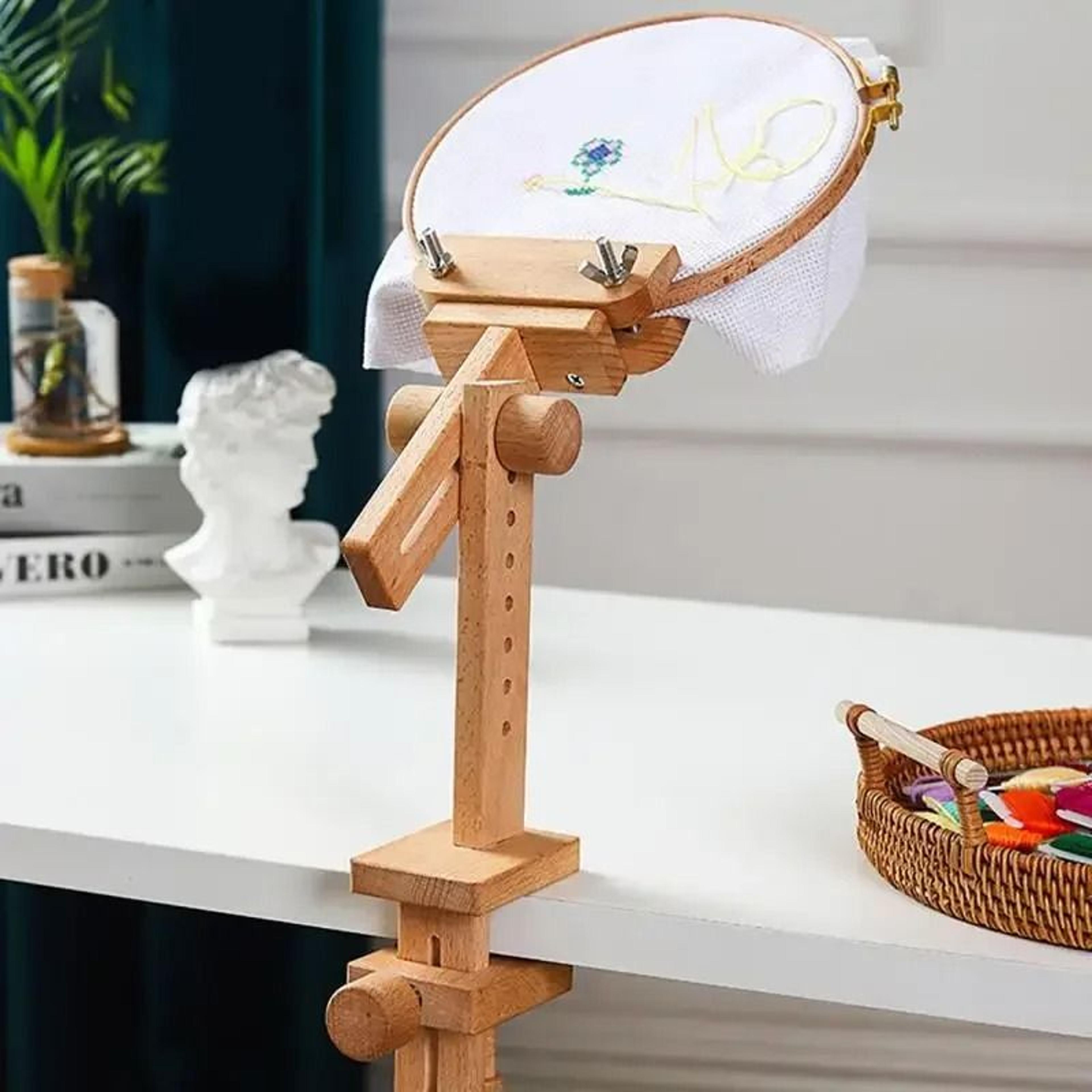 adjustable wooden embroidery hoop stand for comfortable hands free stitching projects