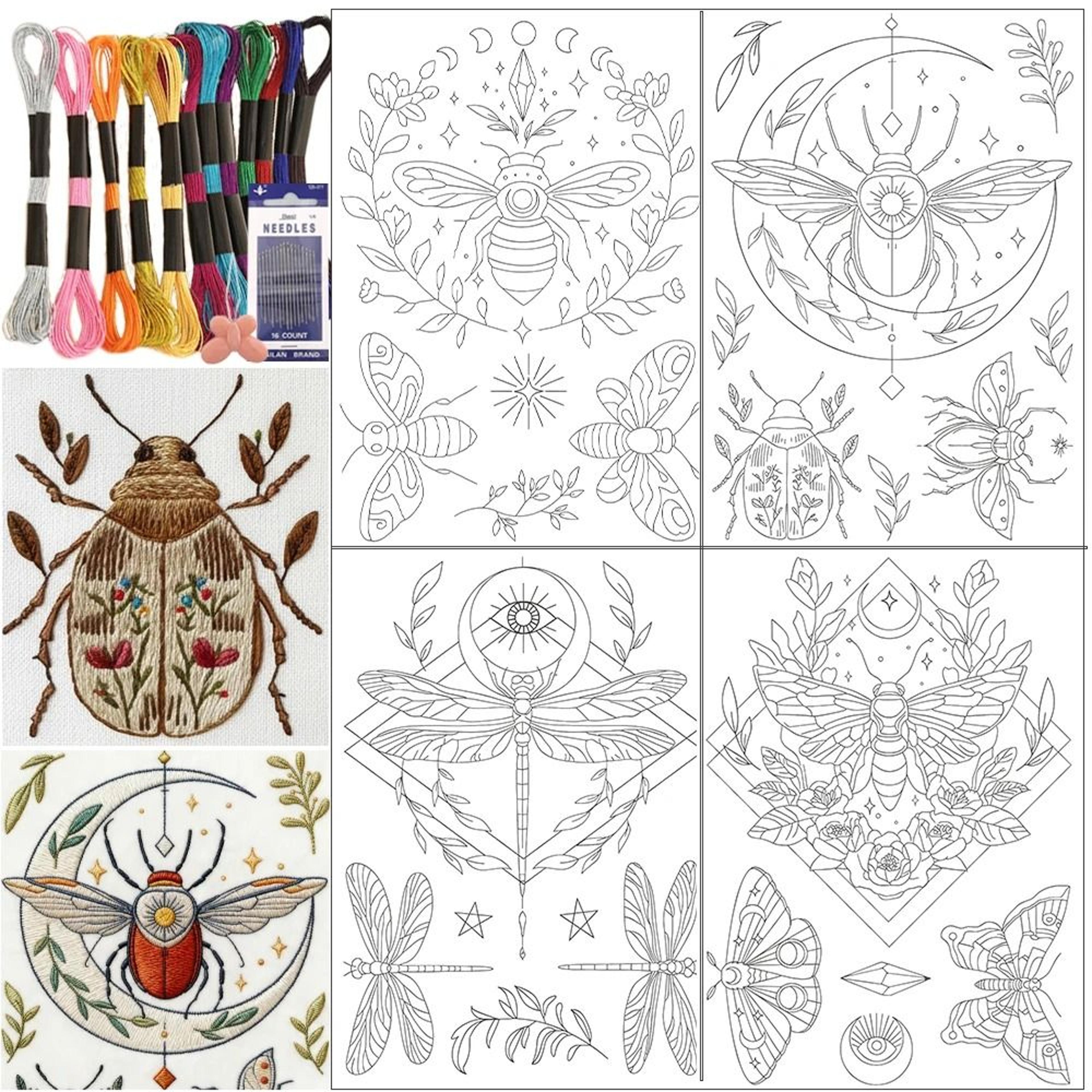 insect embroidery kit with water soluble patterns metallic threads and needles