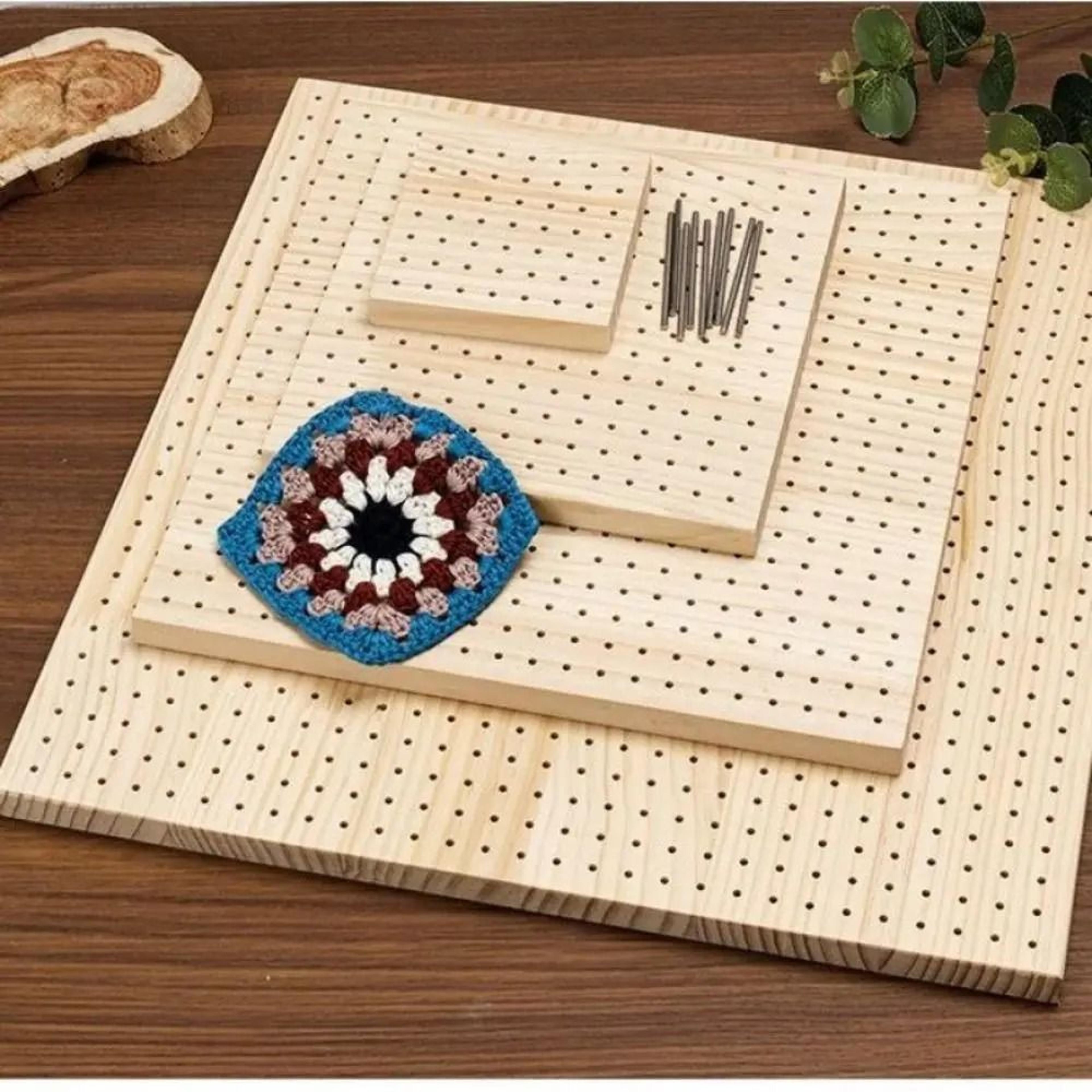 wooden crochet blocking board with steel pegs for uniform granny squares