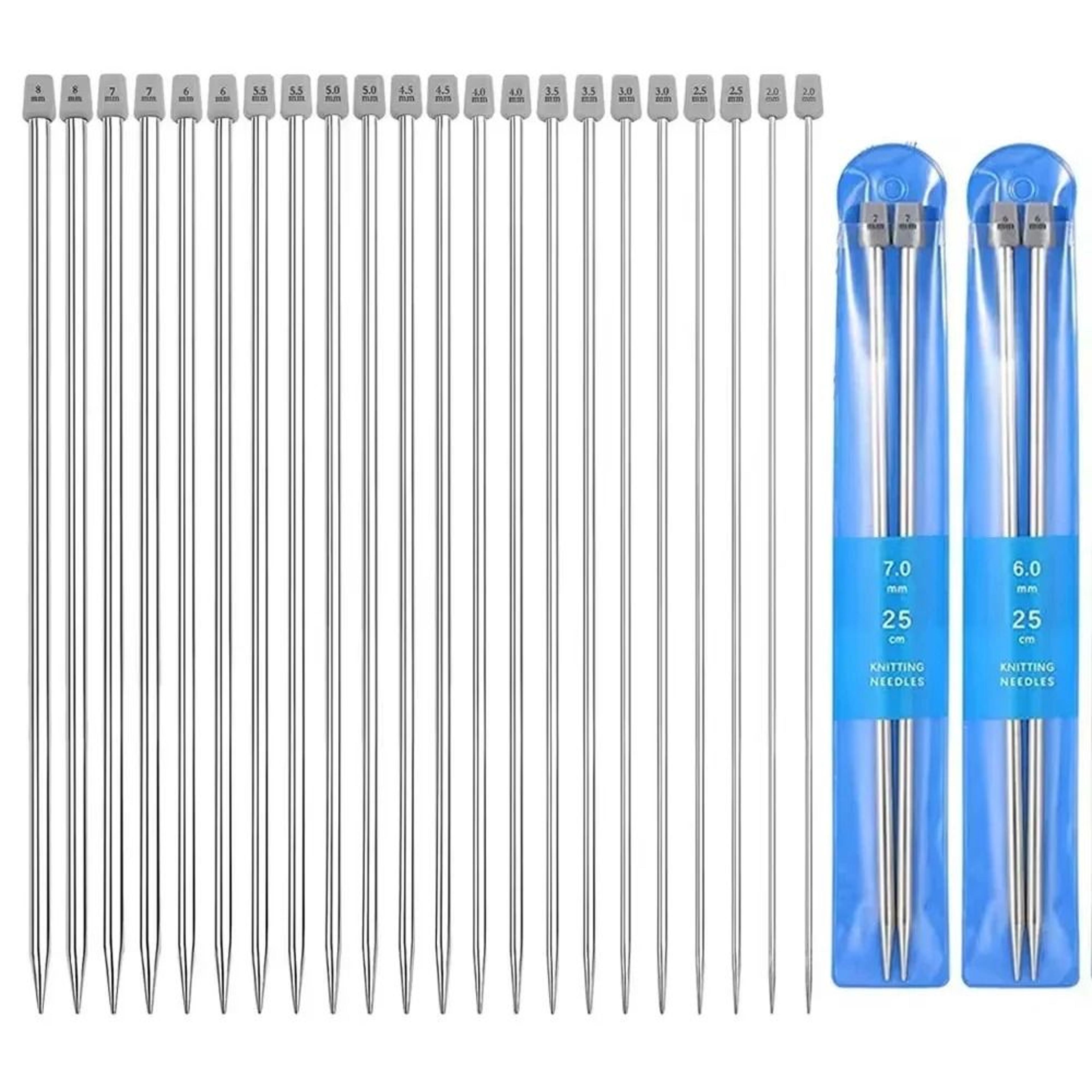 22 piece stainless steel straight knitting needle set for smooth stitching