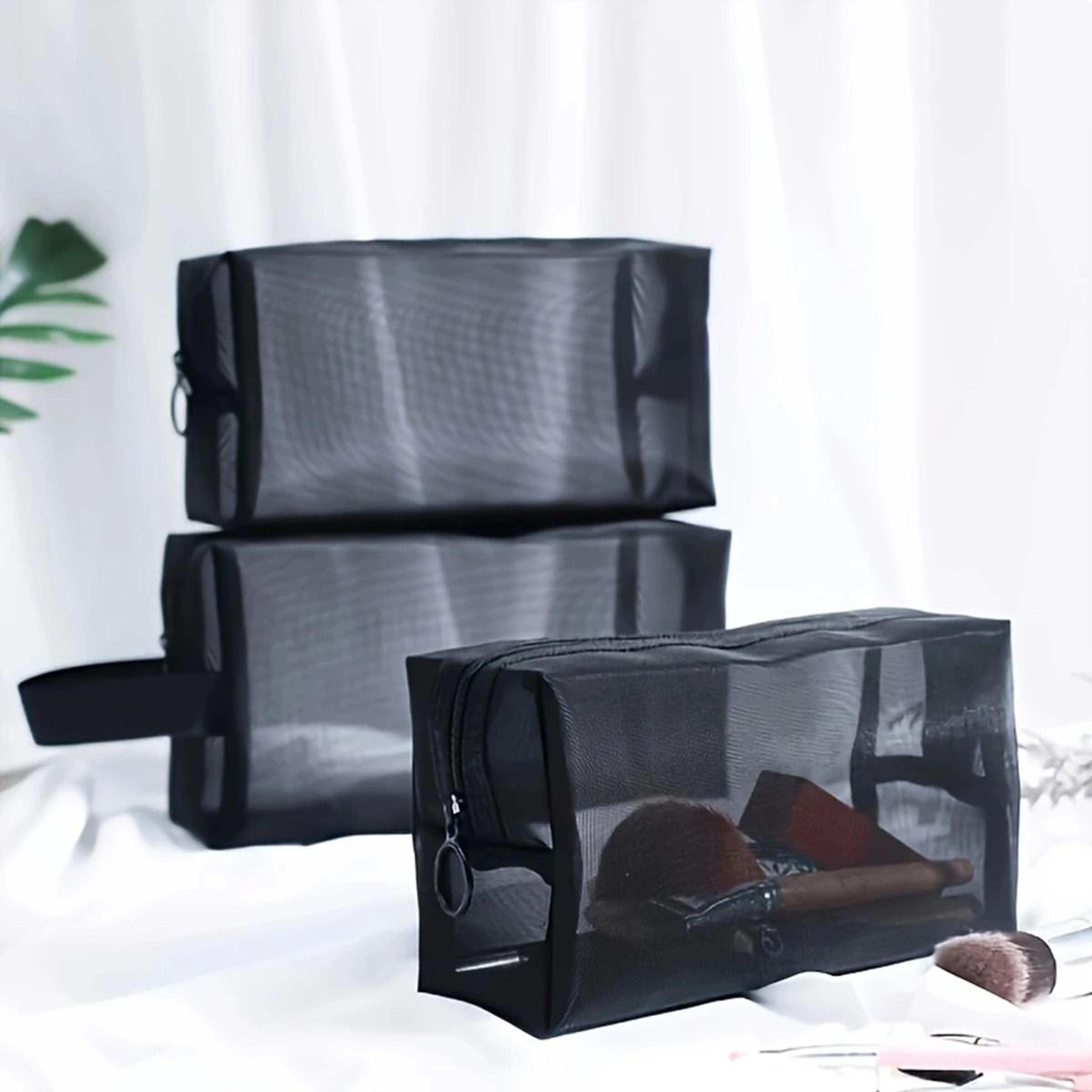 black mesh travel makeup bag with zippered portable storage