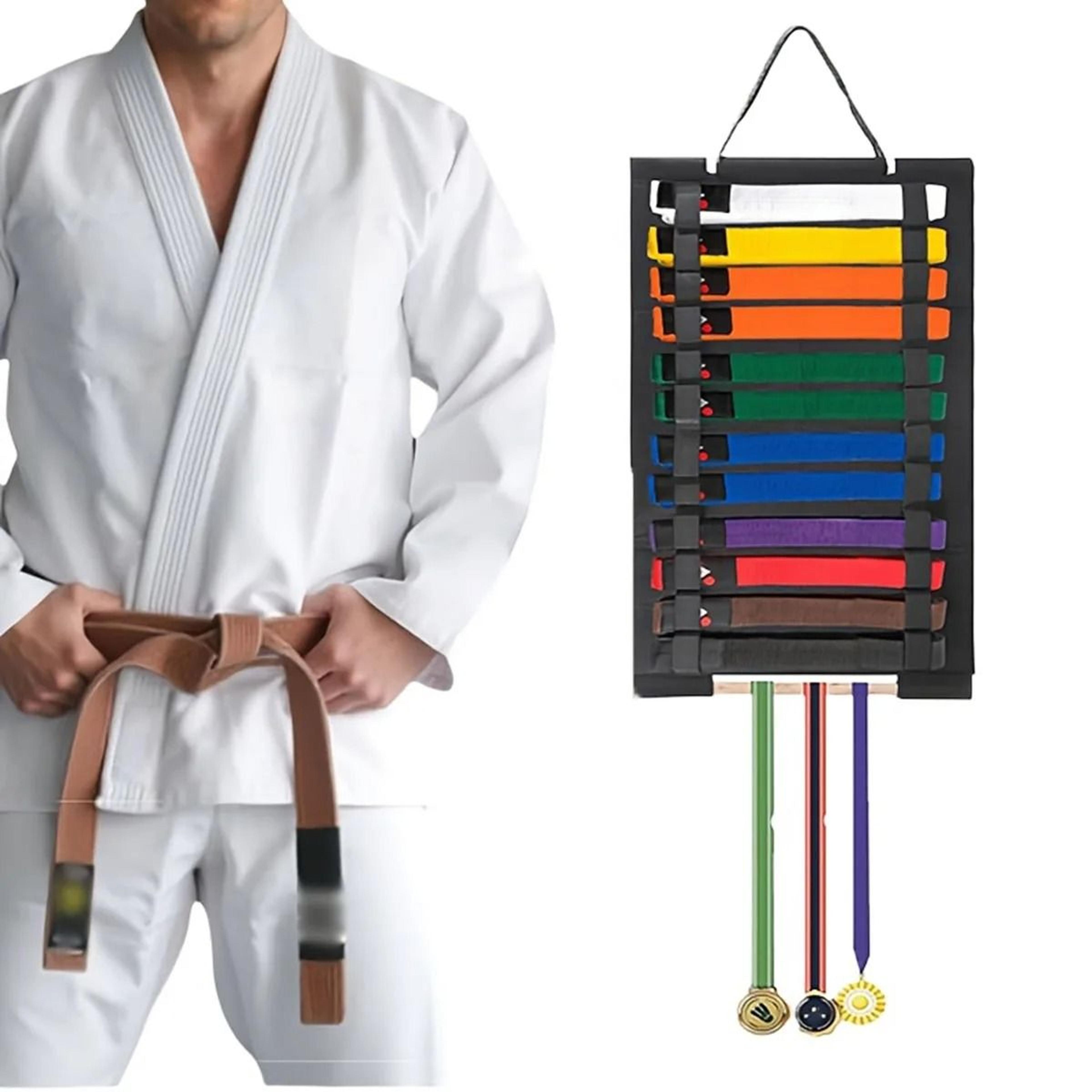 hanging martial arts belt display rack with medal holder rods