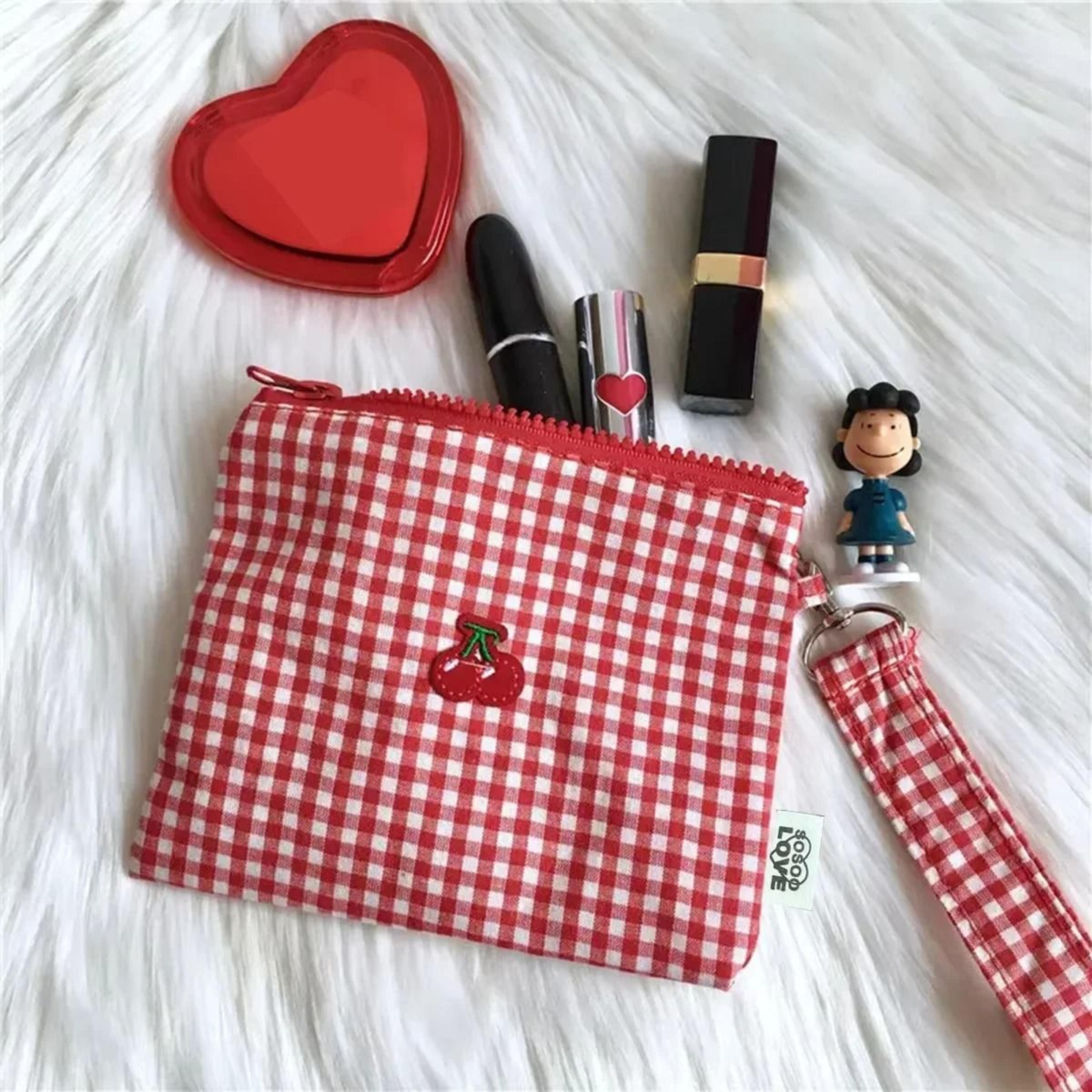 red cherry plaid canvas makeup bag with large capacity storage