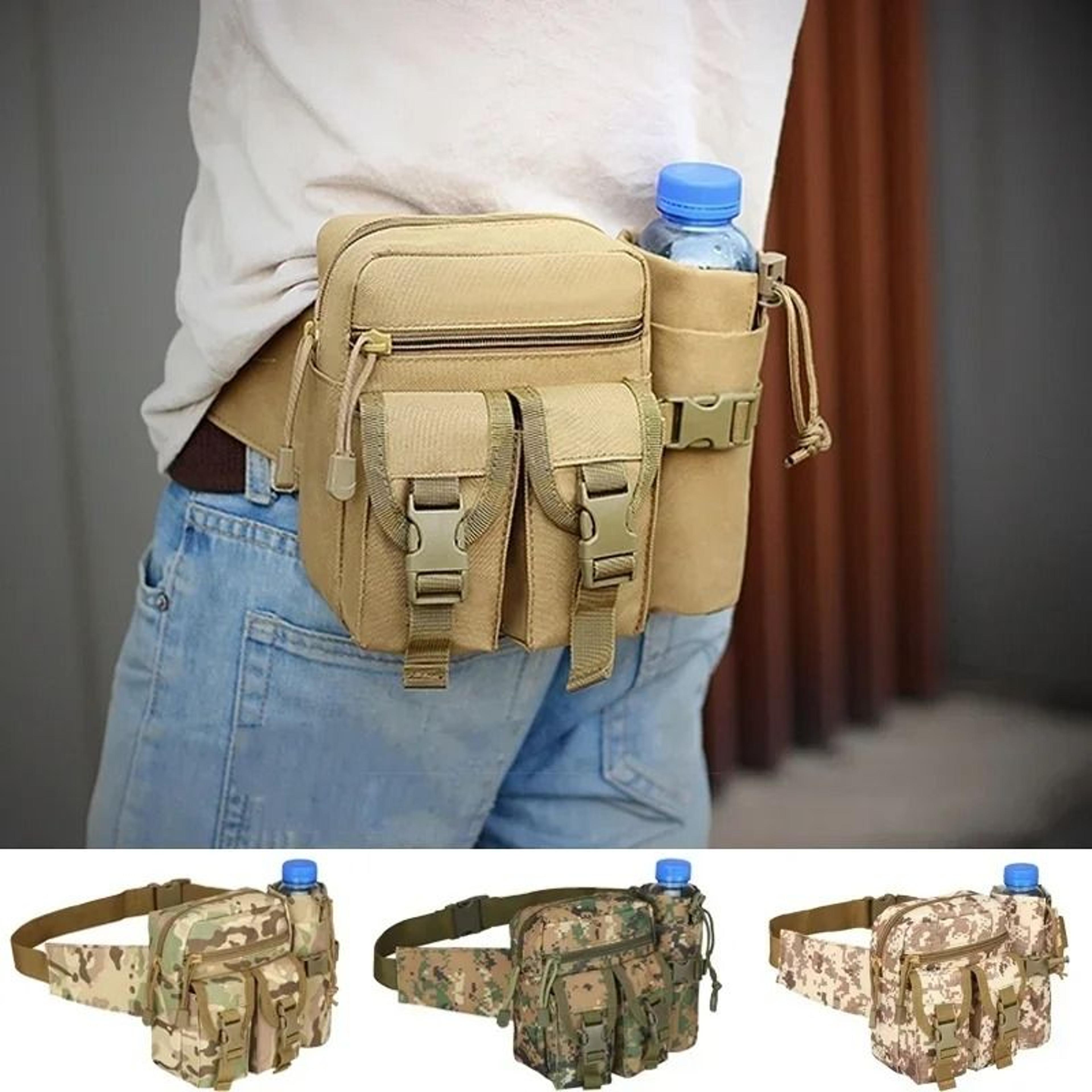 tactical hiking waist pack with water bottle and phone pouches