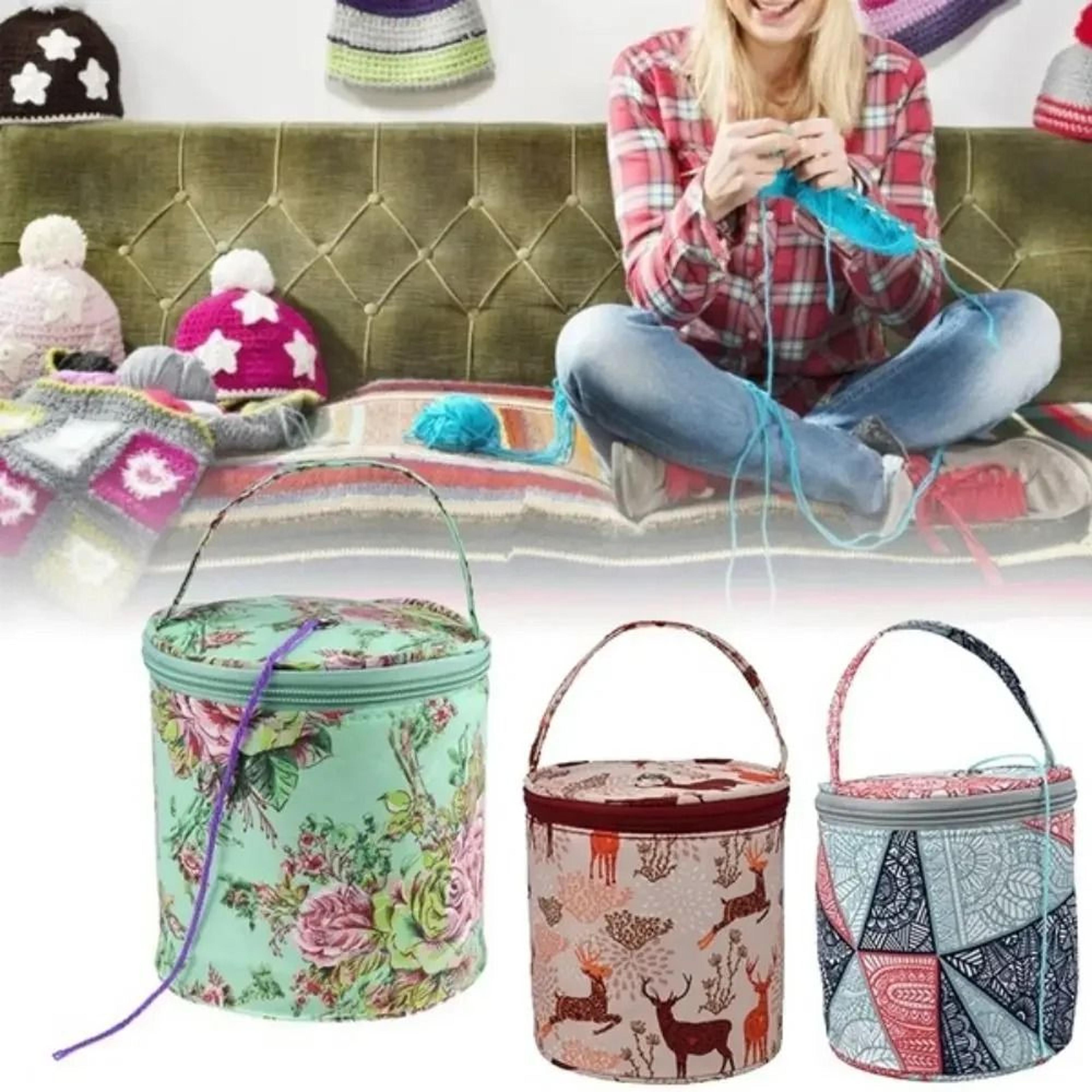 round yarn storage bag and portable crochet knitting project organizer