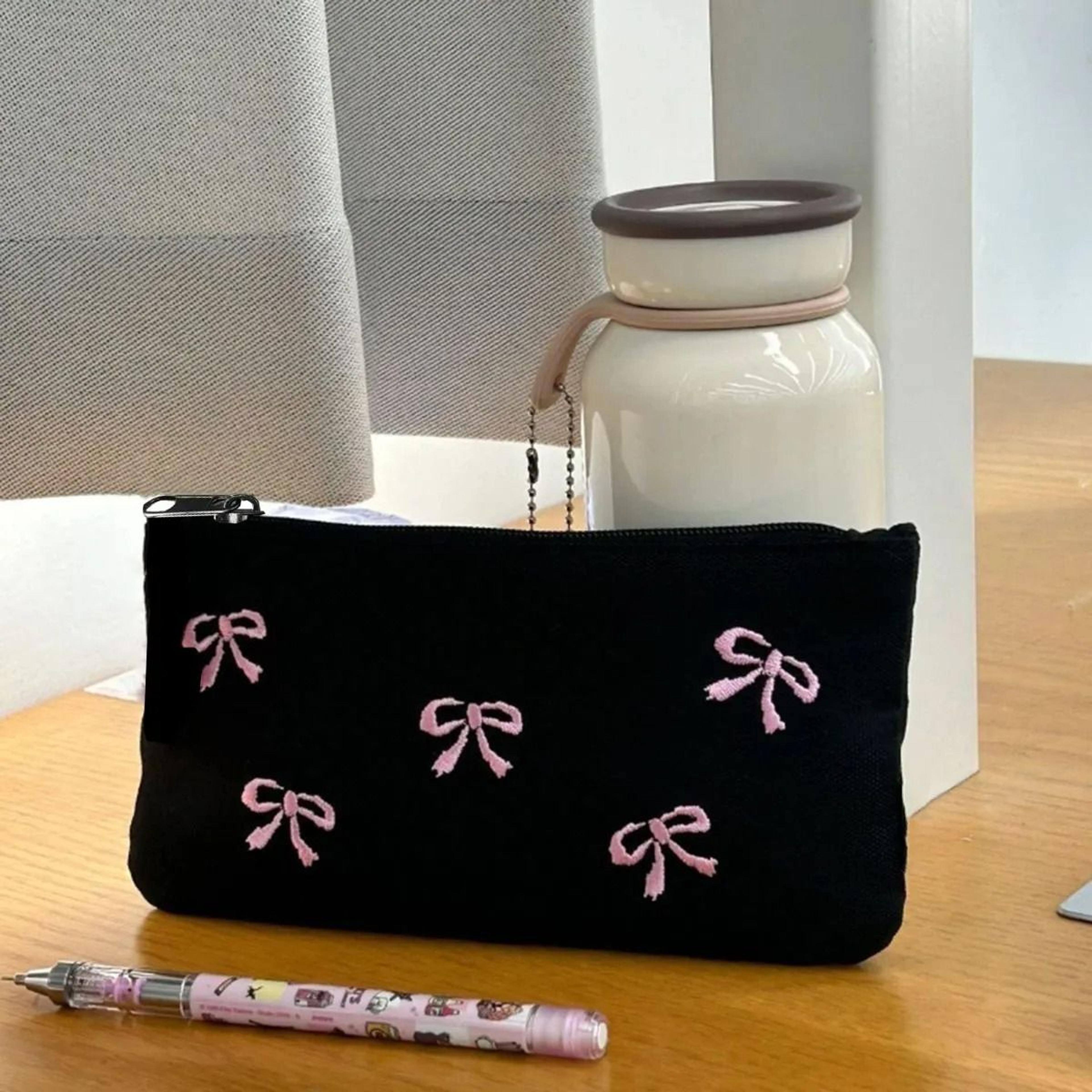 black bow embroidered makeup bag and pencil storage pouch