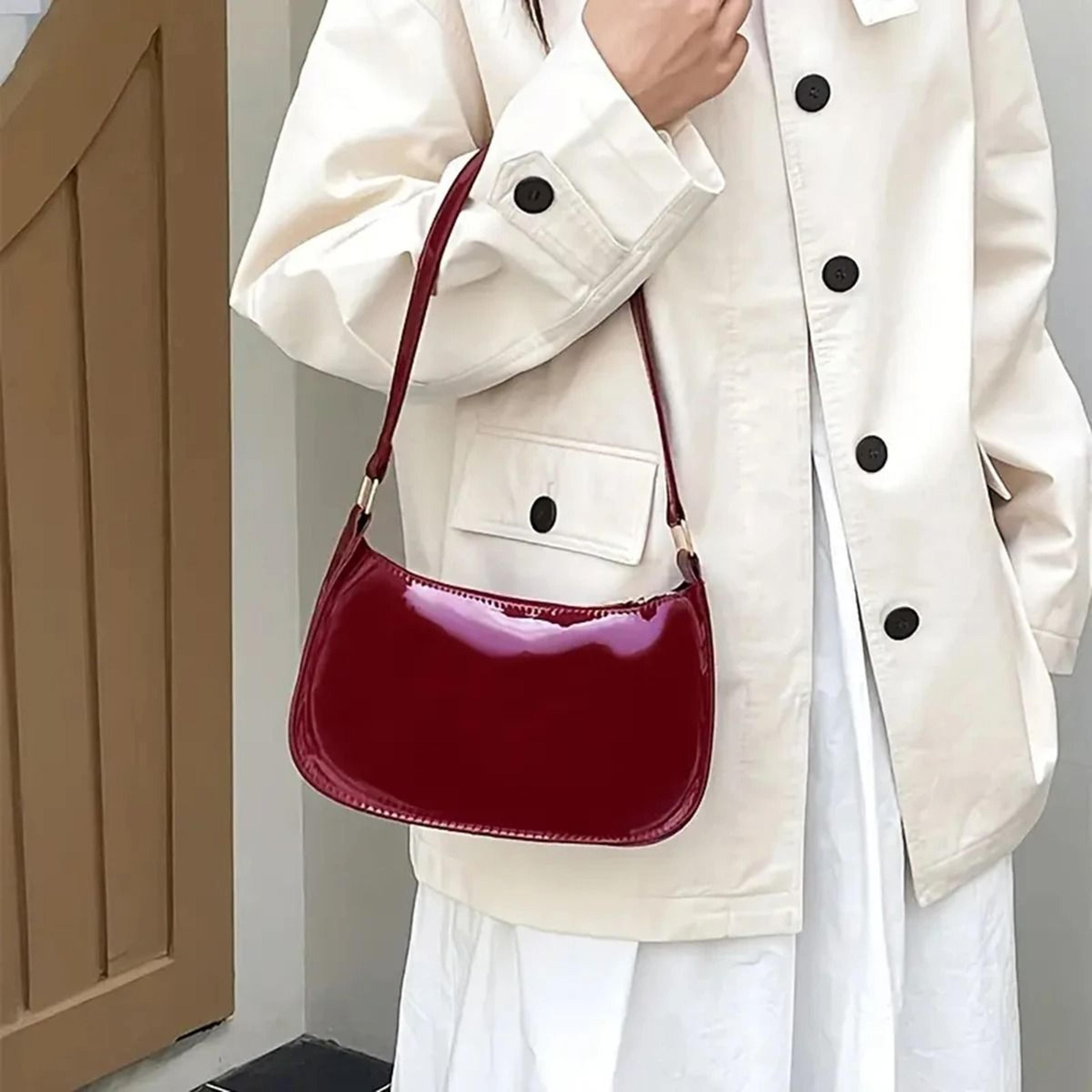 retro red shoulder bag with glossy patent style finish