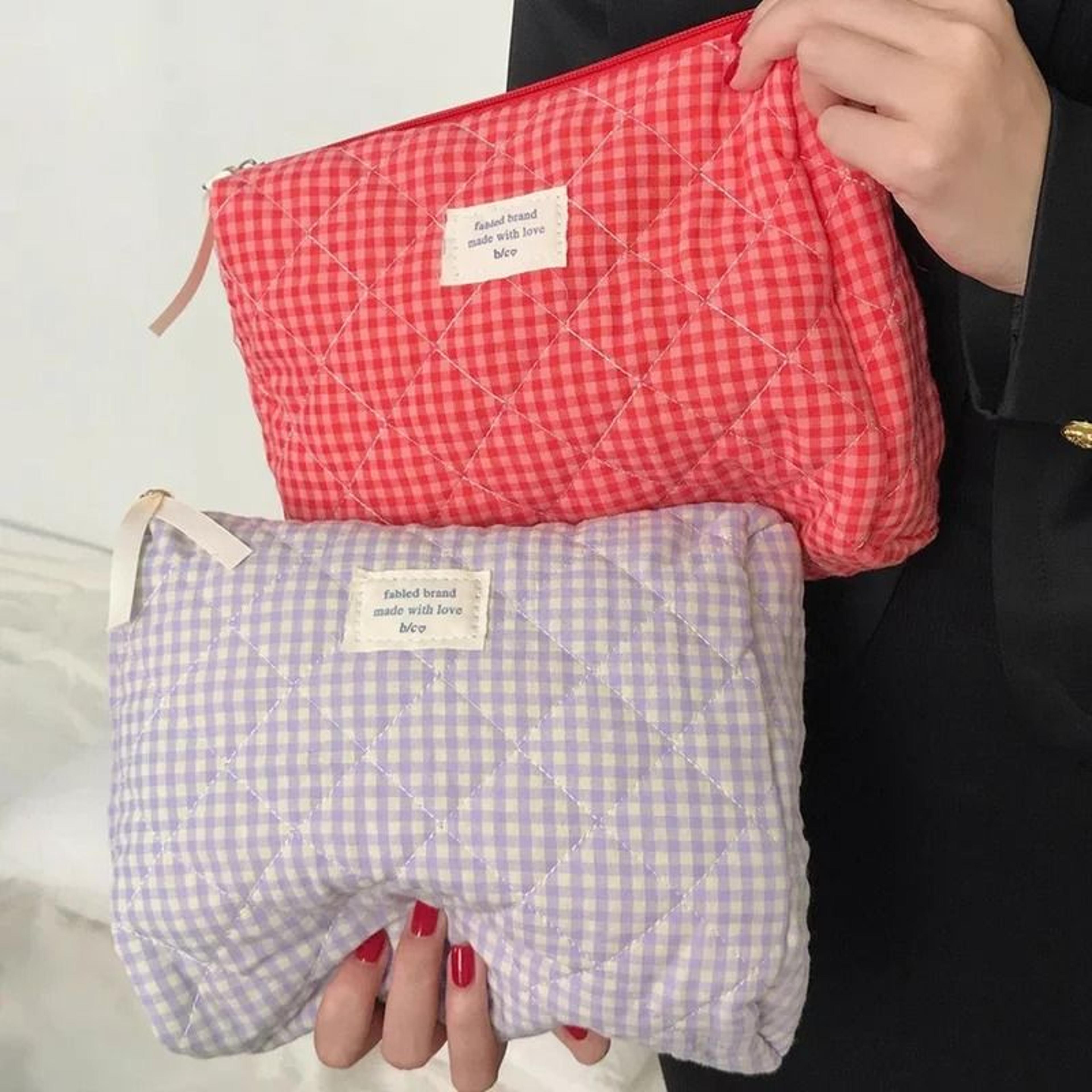 large cotton checkered makeup bag for brushes and travel toiletries