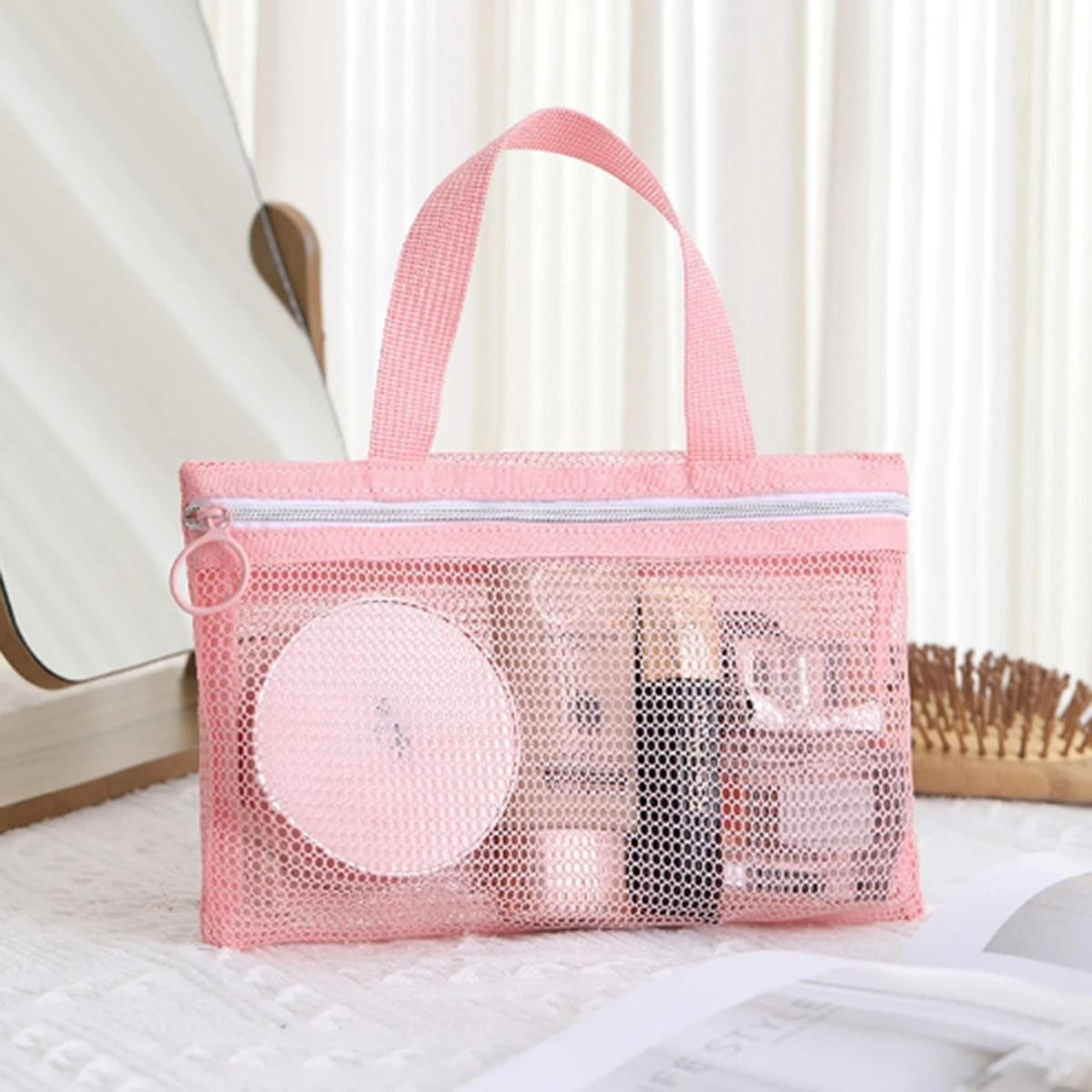 pink multi pocket mesh makeup bag for beach pool and travel