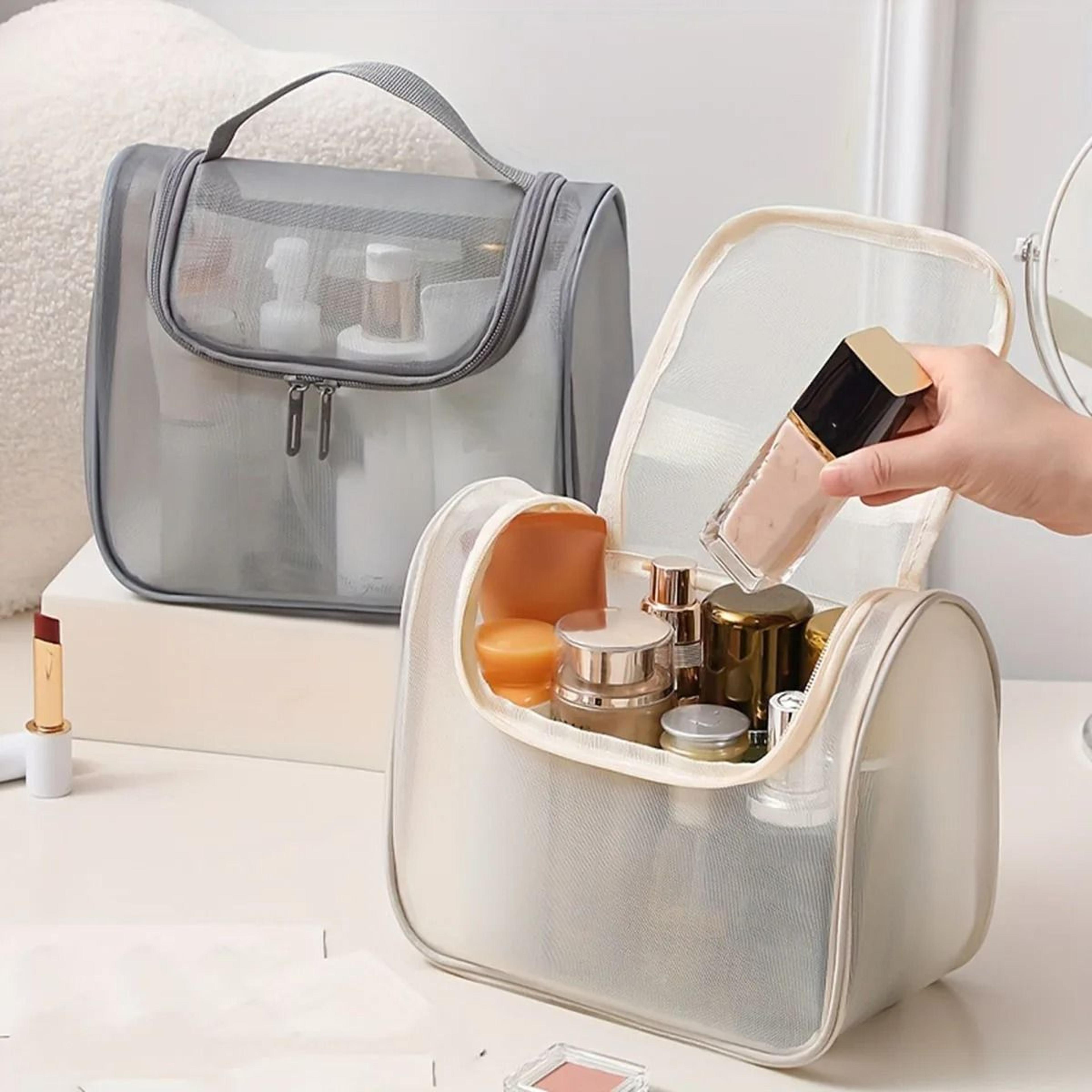large curved nylon mesh toiletry bag for makeup and travel