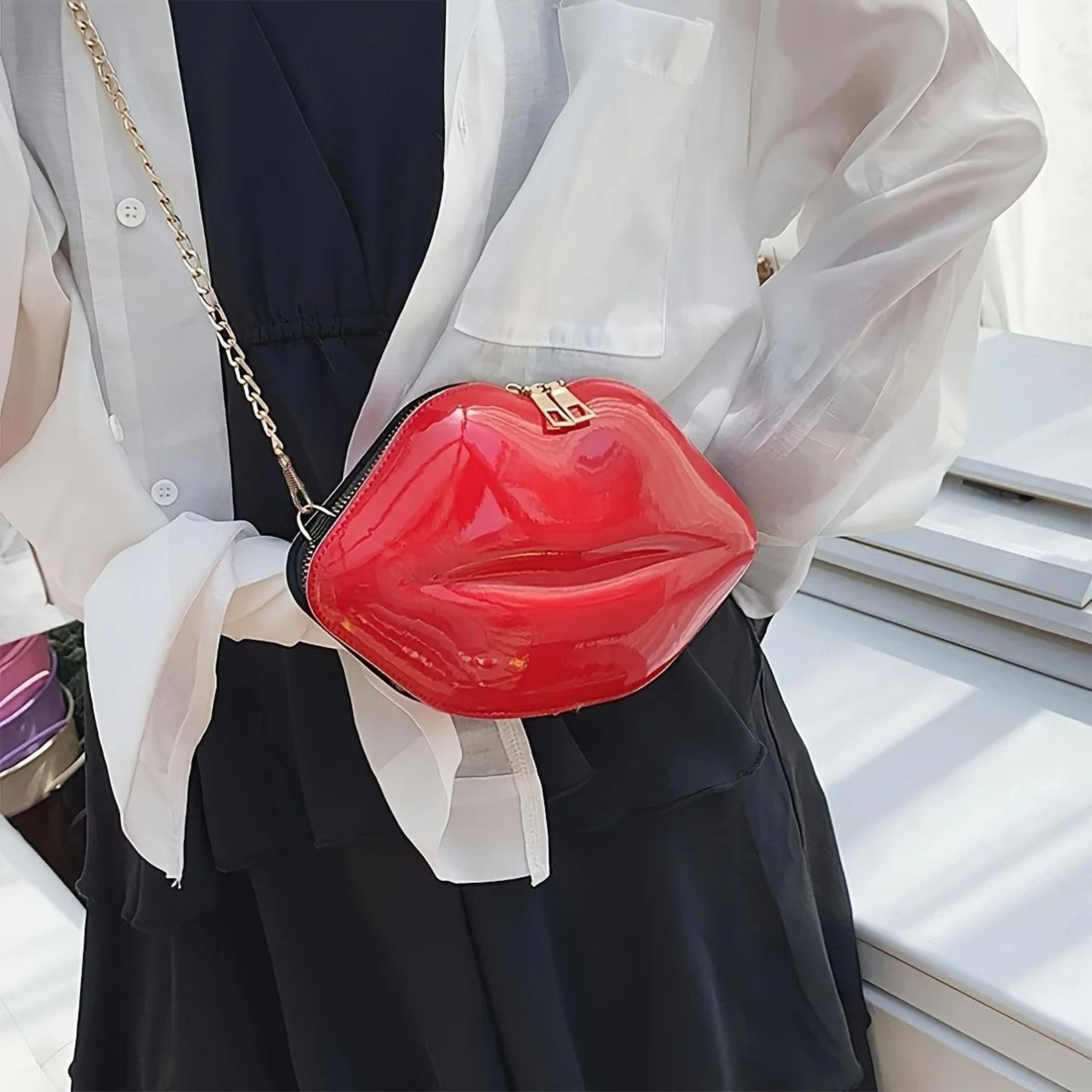 red lip shaped mini shoulder bag with chain strap
