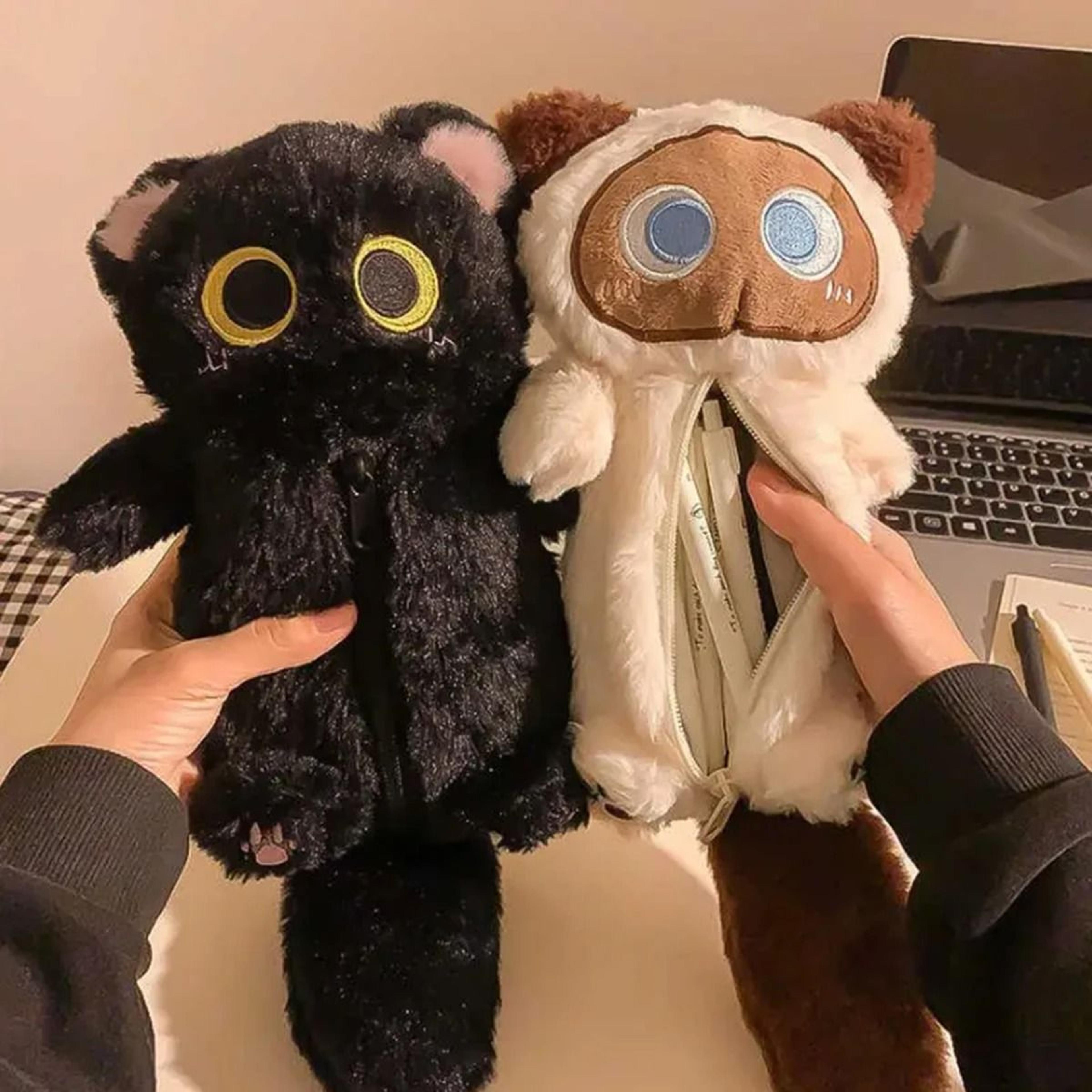 big eyed plush cat large capacity pencil case