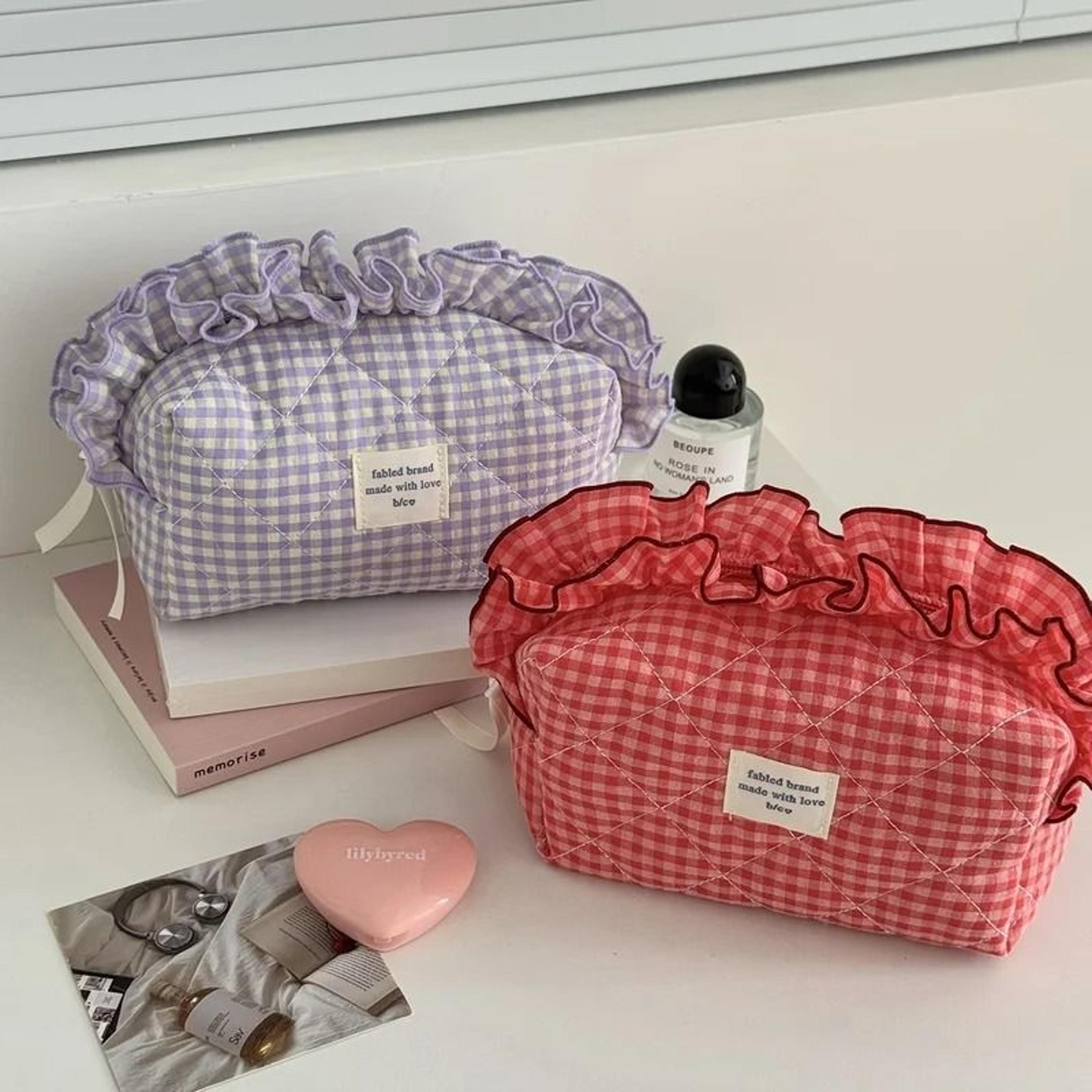 red gingham lace large capacity travel makeup bag