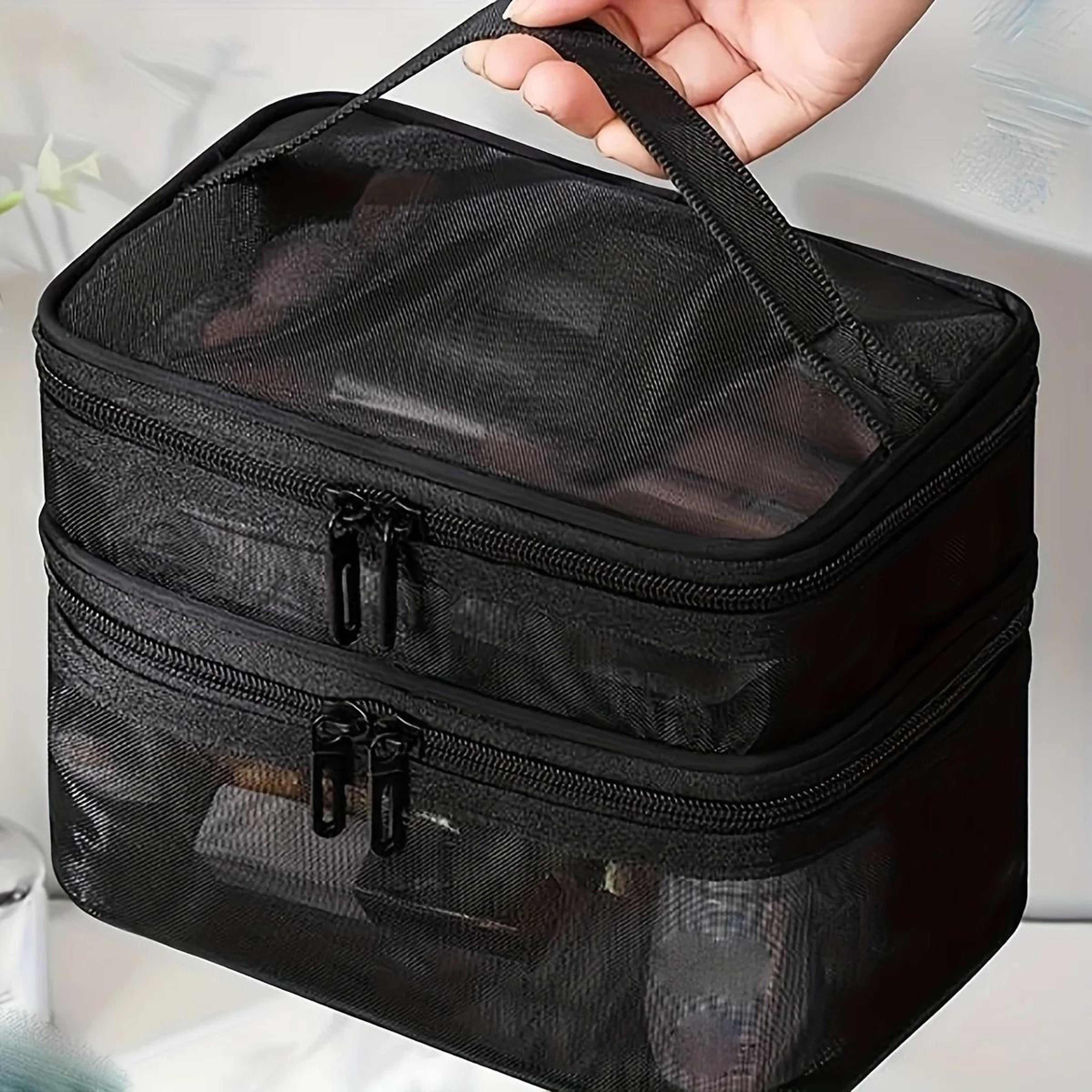 large capacity double layer transparent mesh makeup bag for travel cosmetic storage
