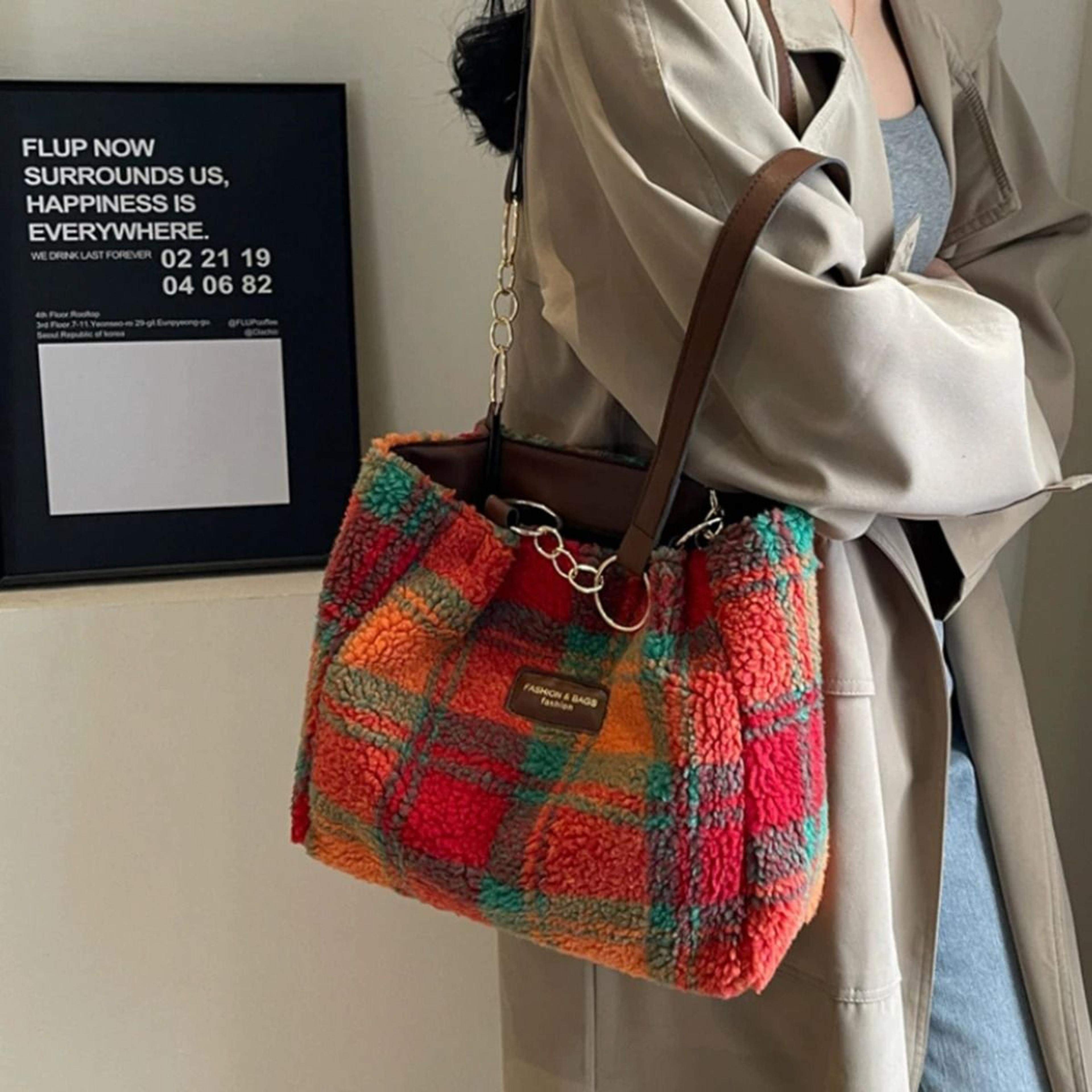 red plaid lamb velvet large capacity shoulder tote bag