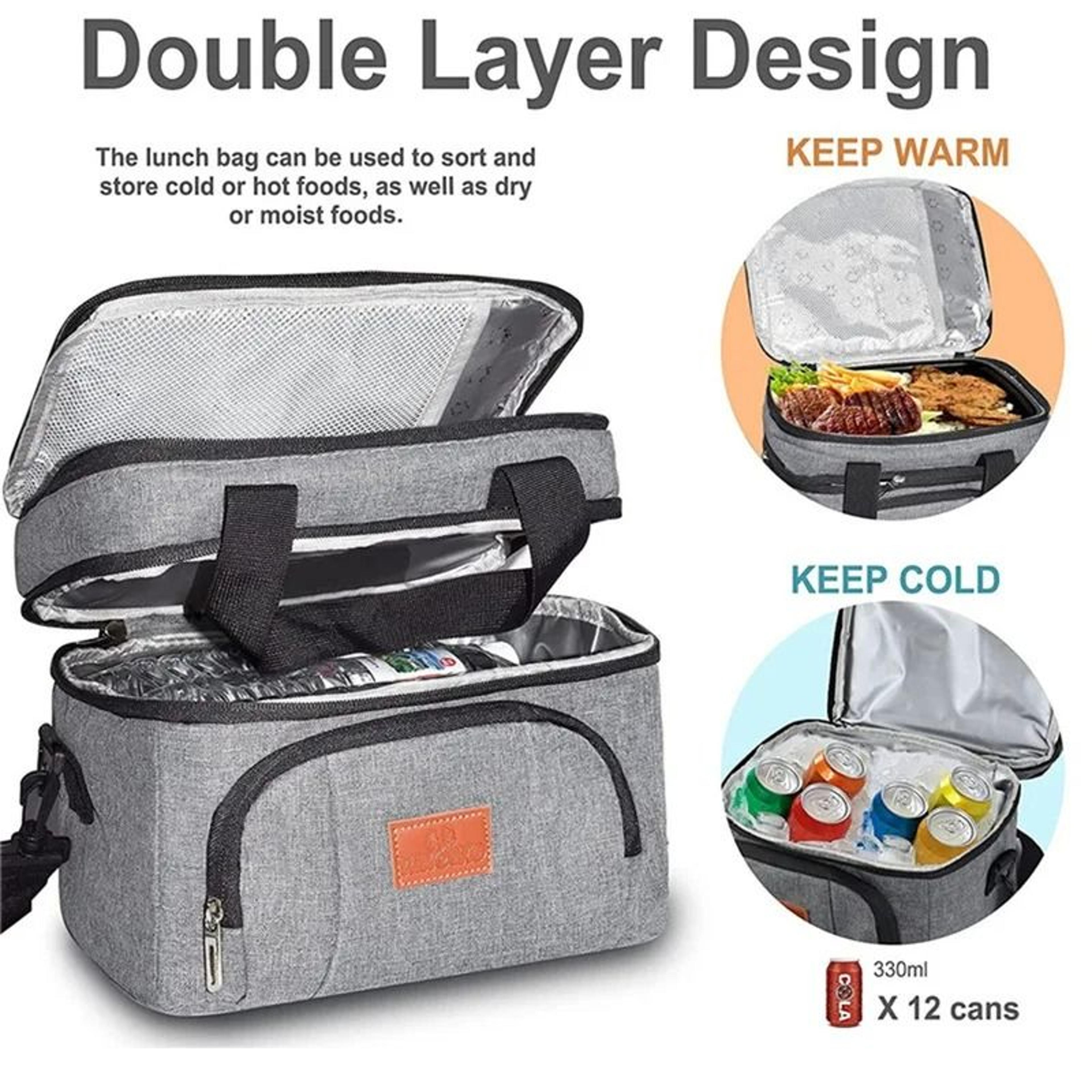 double layer insulated lunch bag with shoulder strap