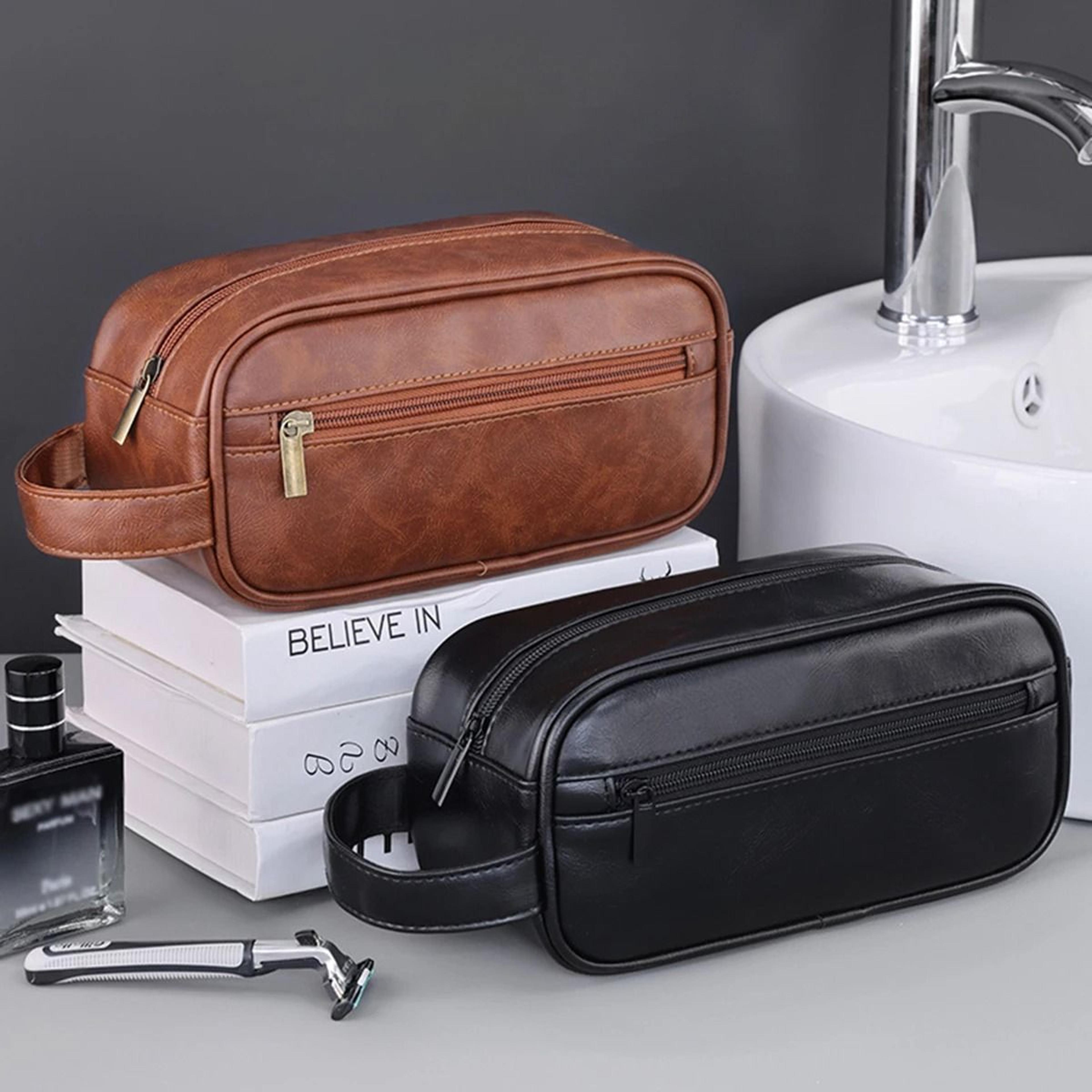 mens pu leather travel toiletry bag with multi pocket storage