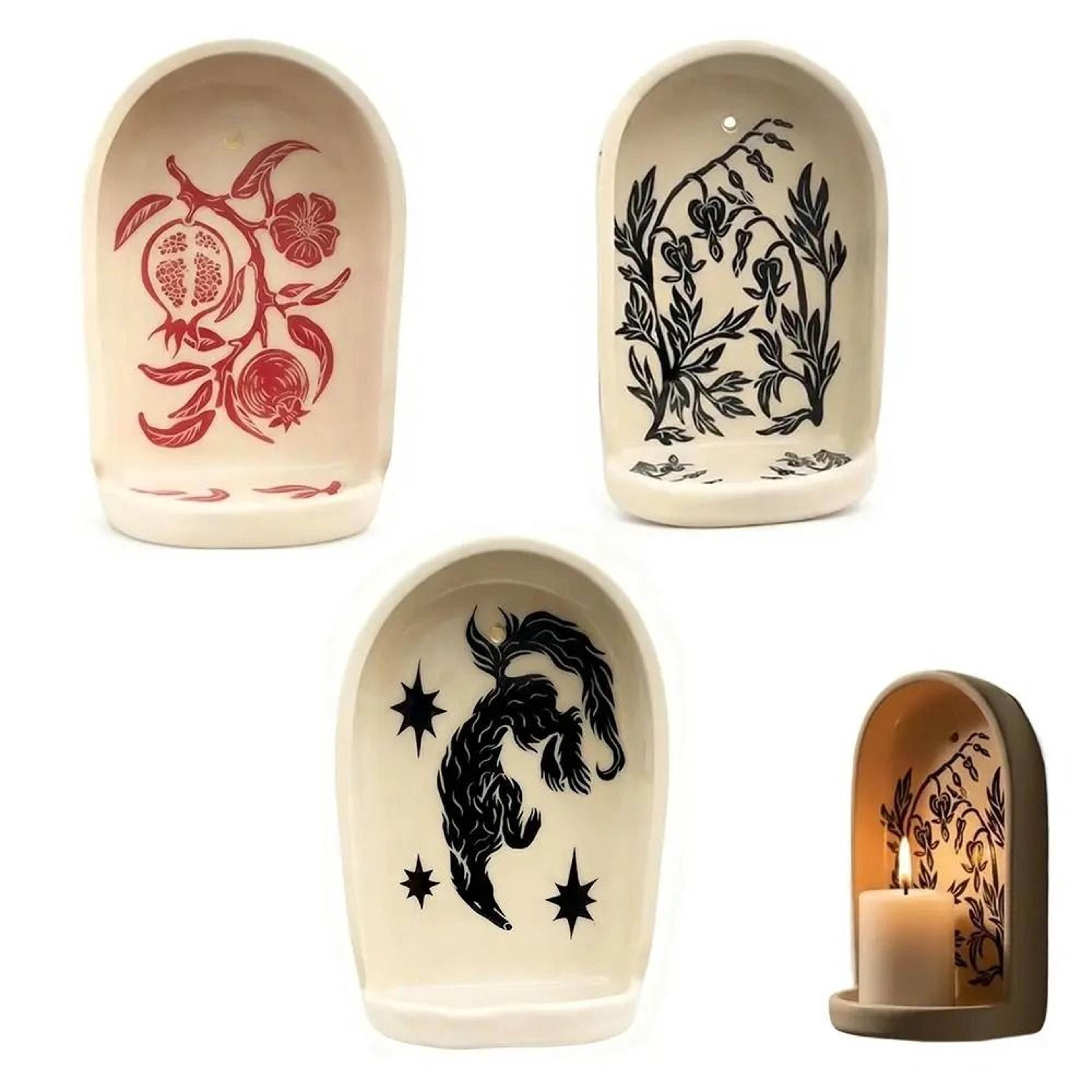 sacred wall niche candle holder and jewelry display