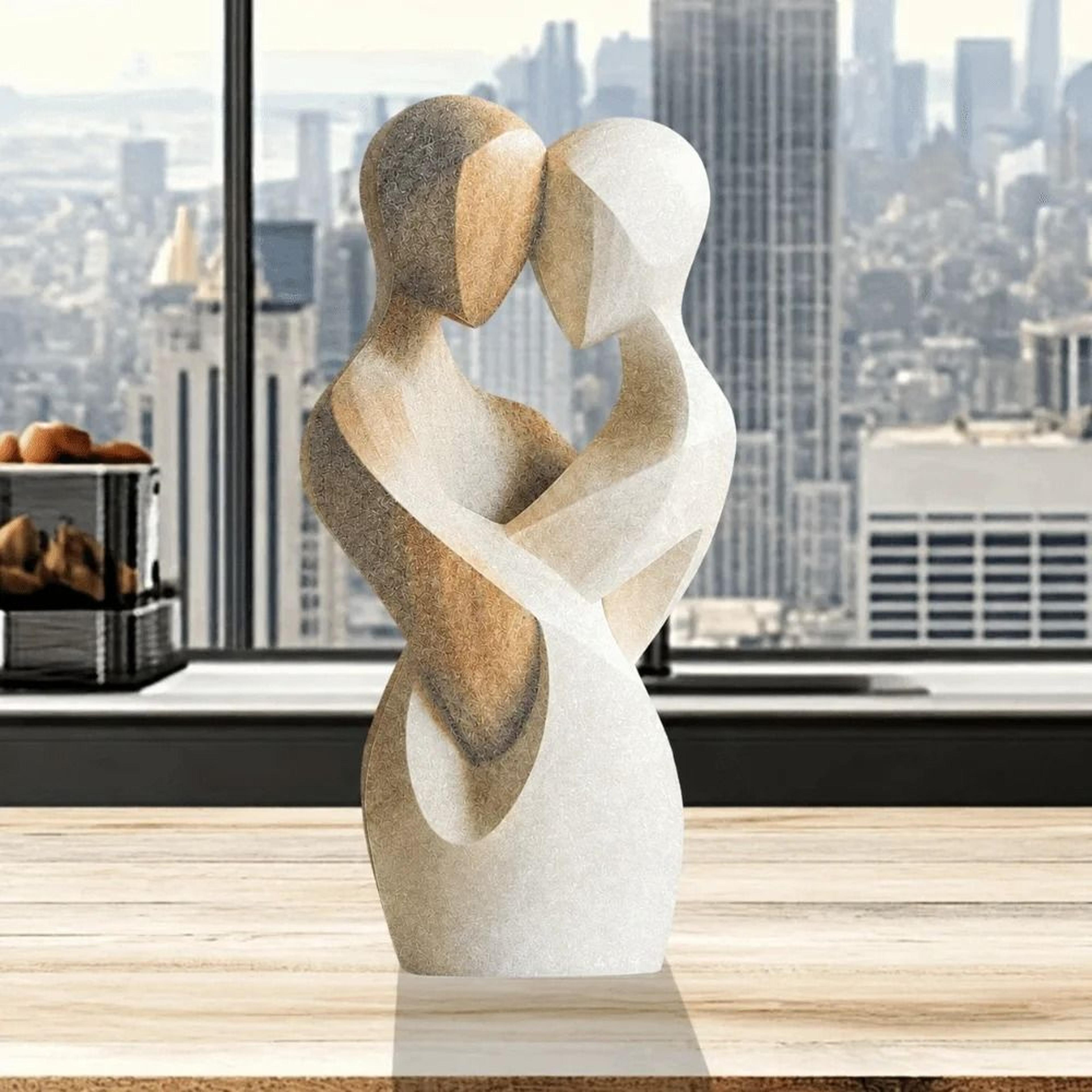 modern embracing couple flat statue with wood effect
