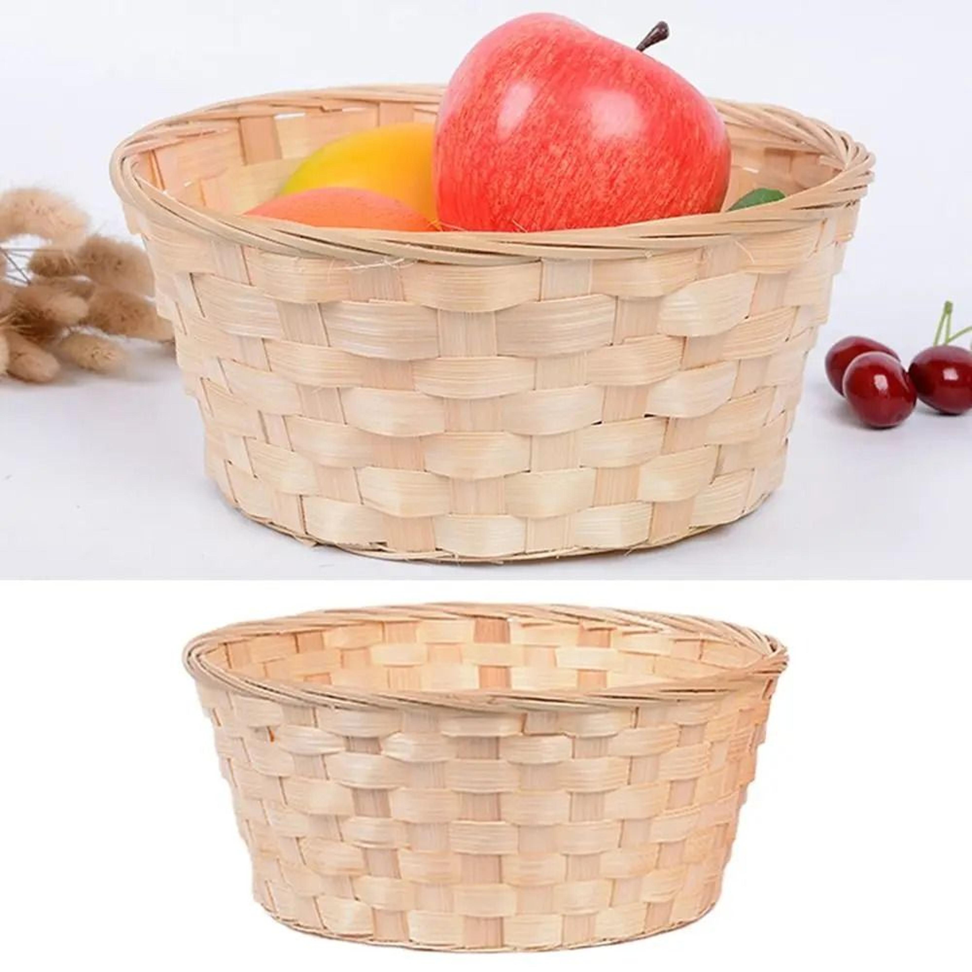 handwoven yellow rattan style storage and flower basket