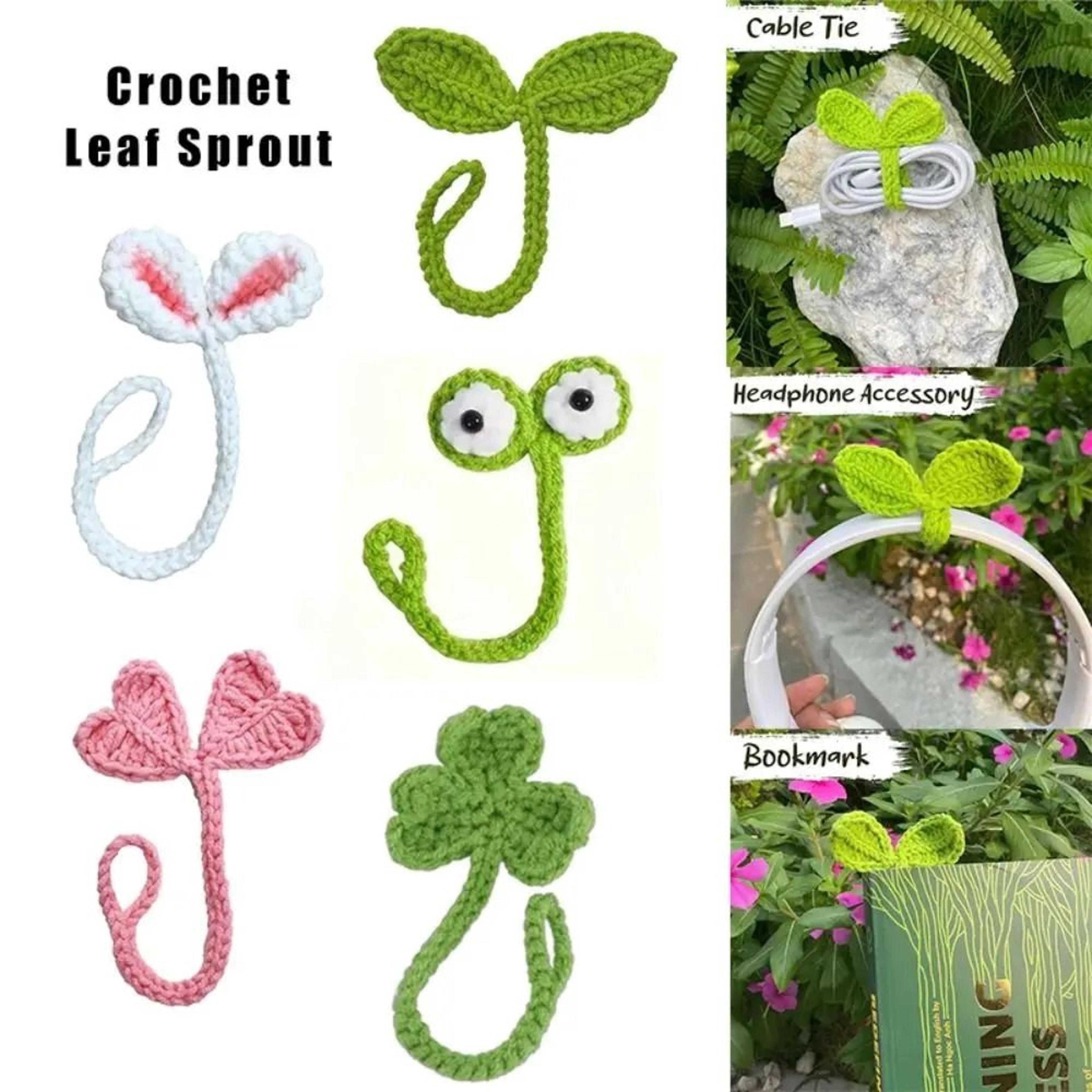 hand knitted crochet leaf sprout accessory for headphones and bookmarks