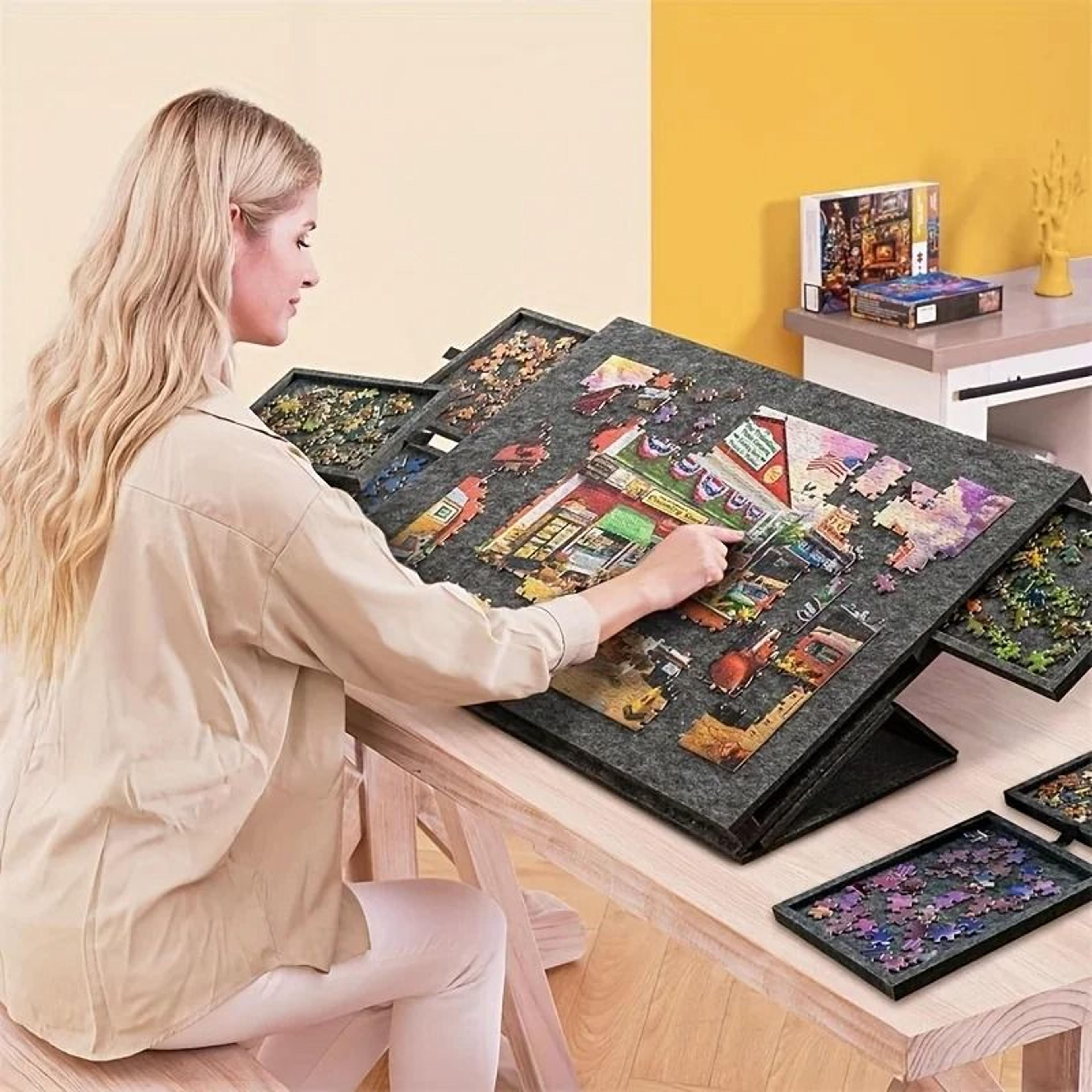 portable tilting puzzle table with six drawers and cover