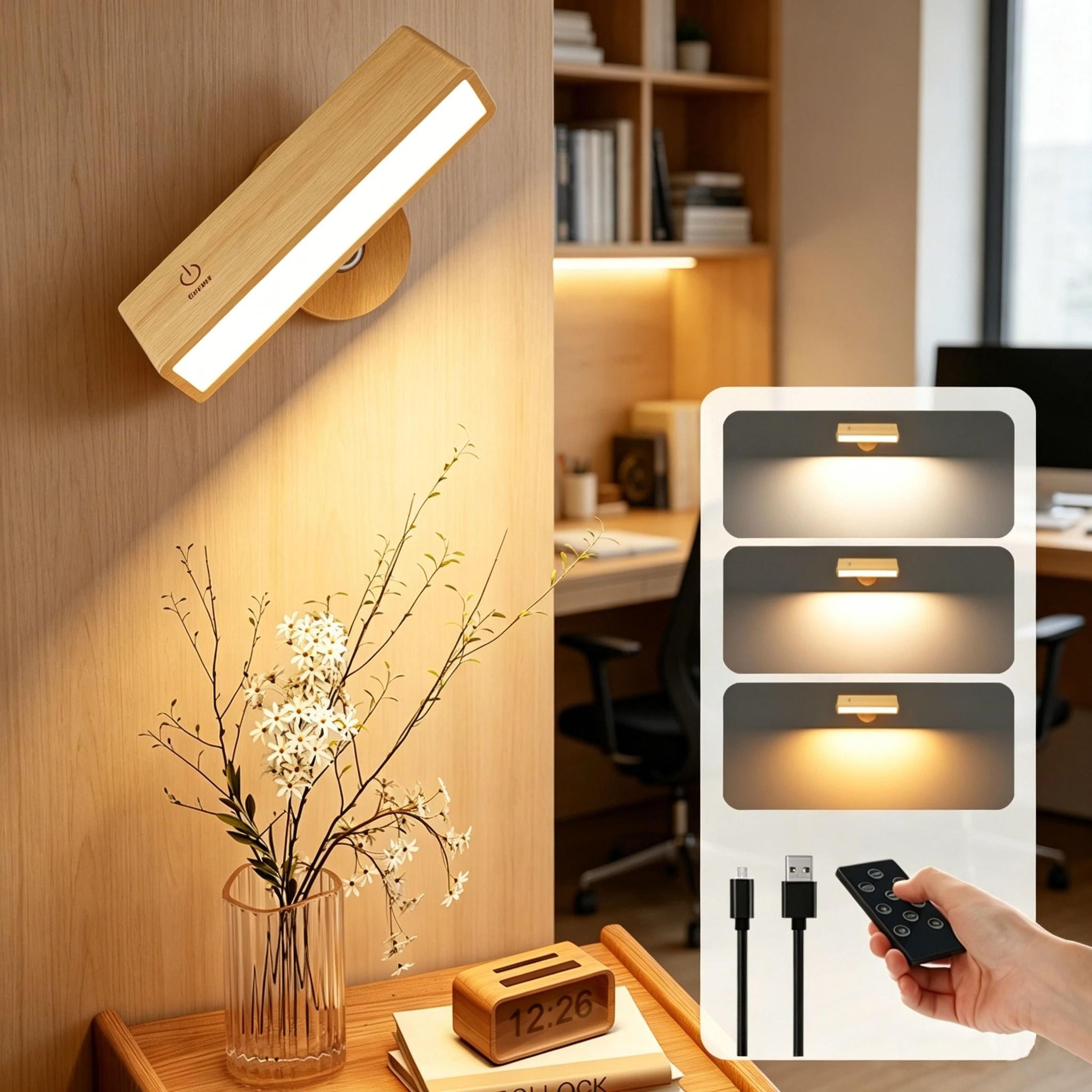 rotatable beech wood rechargeable wall sconce with adjustable reading light