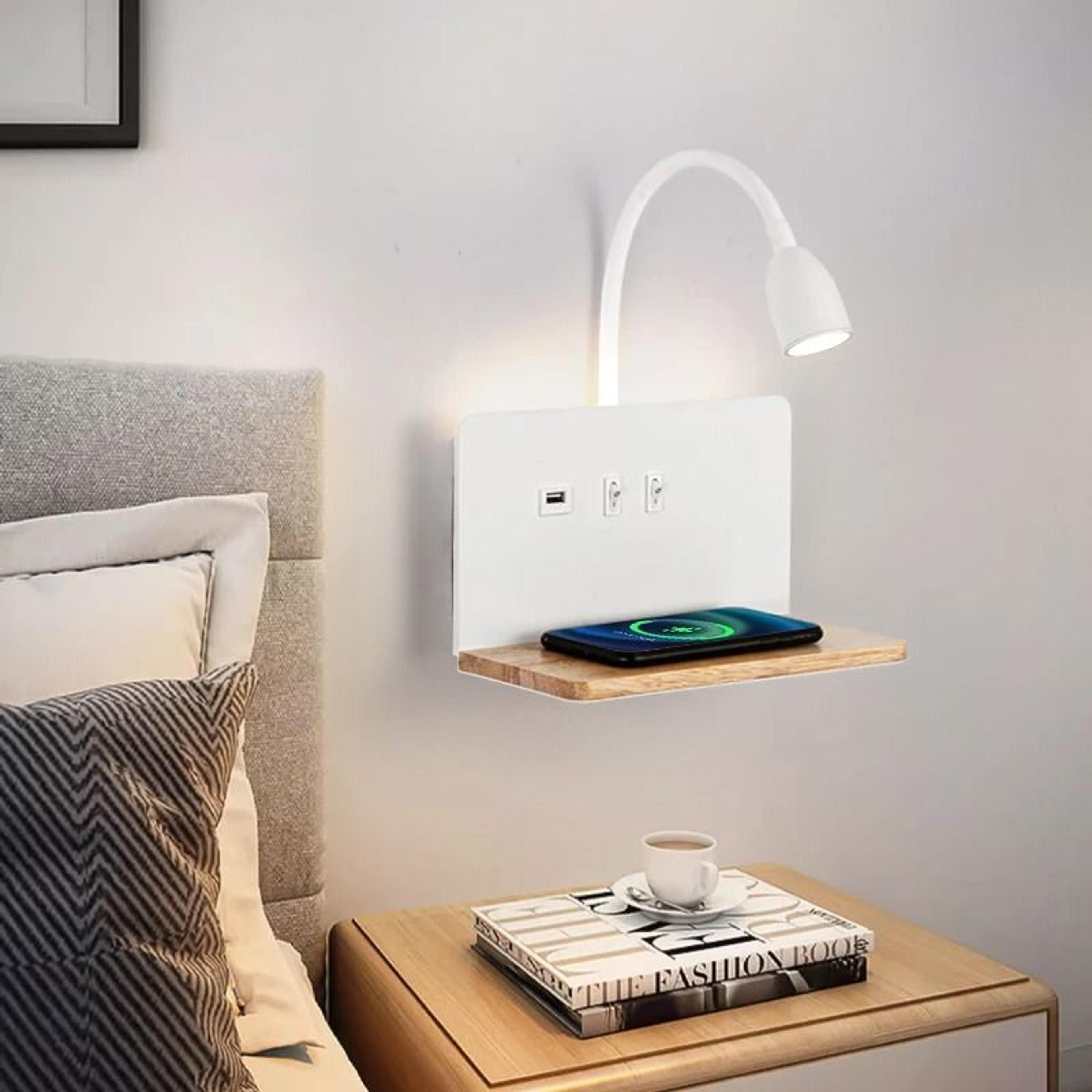 wooden led wall lamp with wireless charging and usb socket
