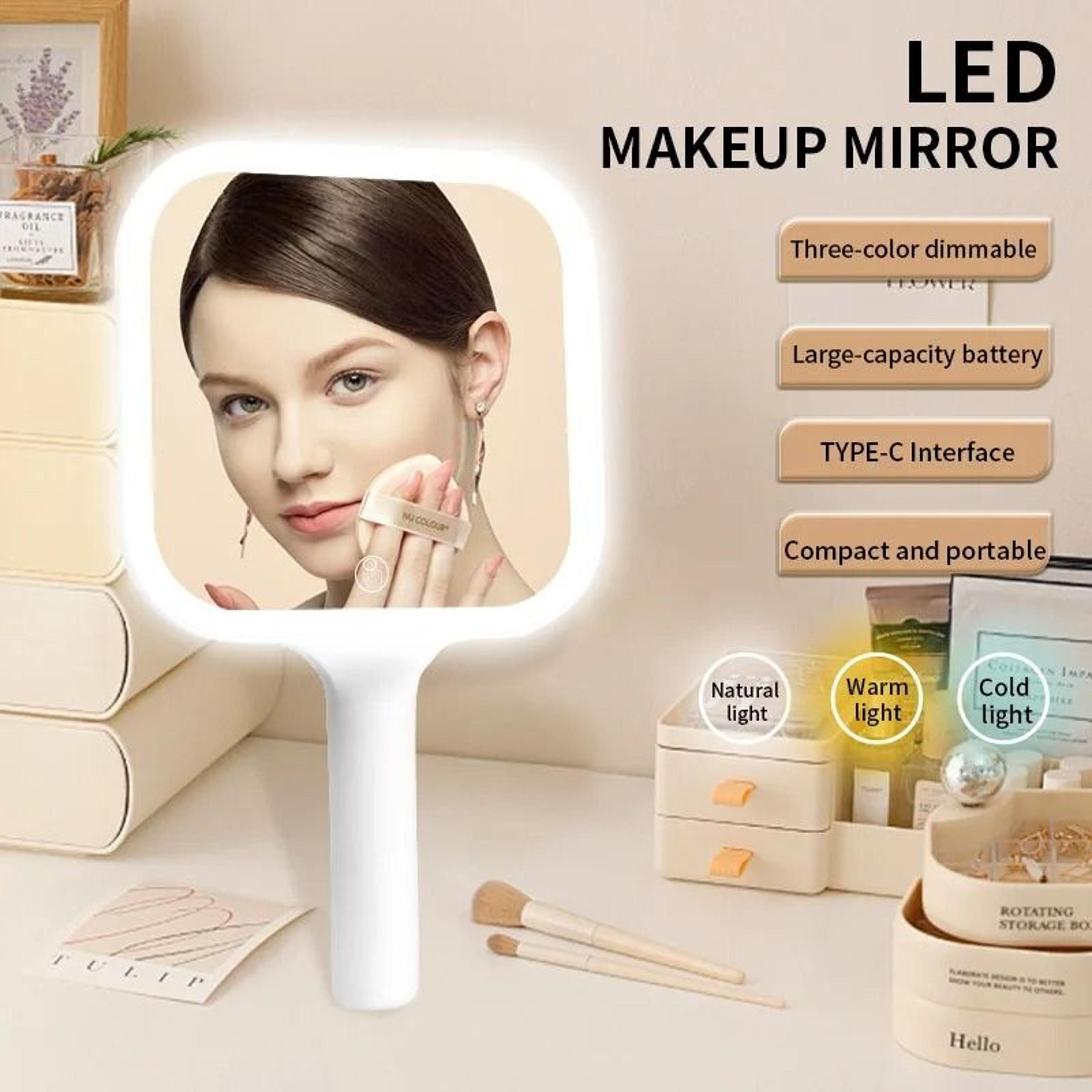 portable led makeup mirror with handle and 3 color light
