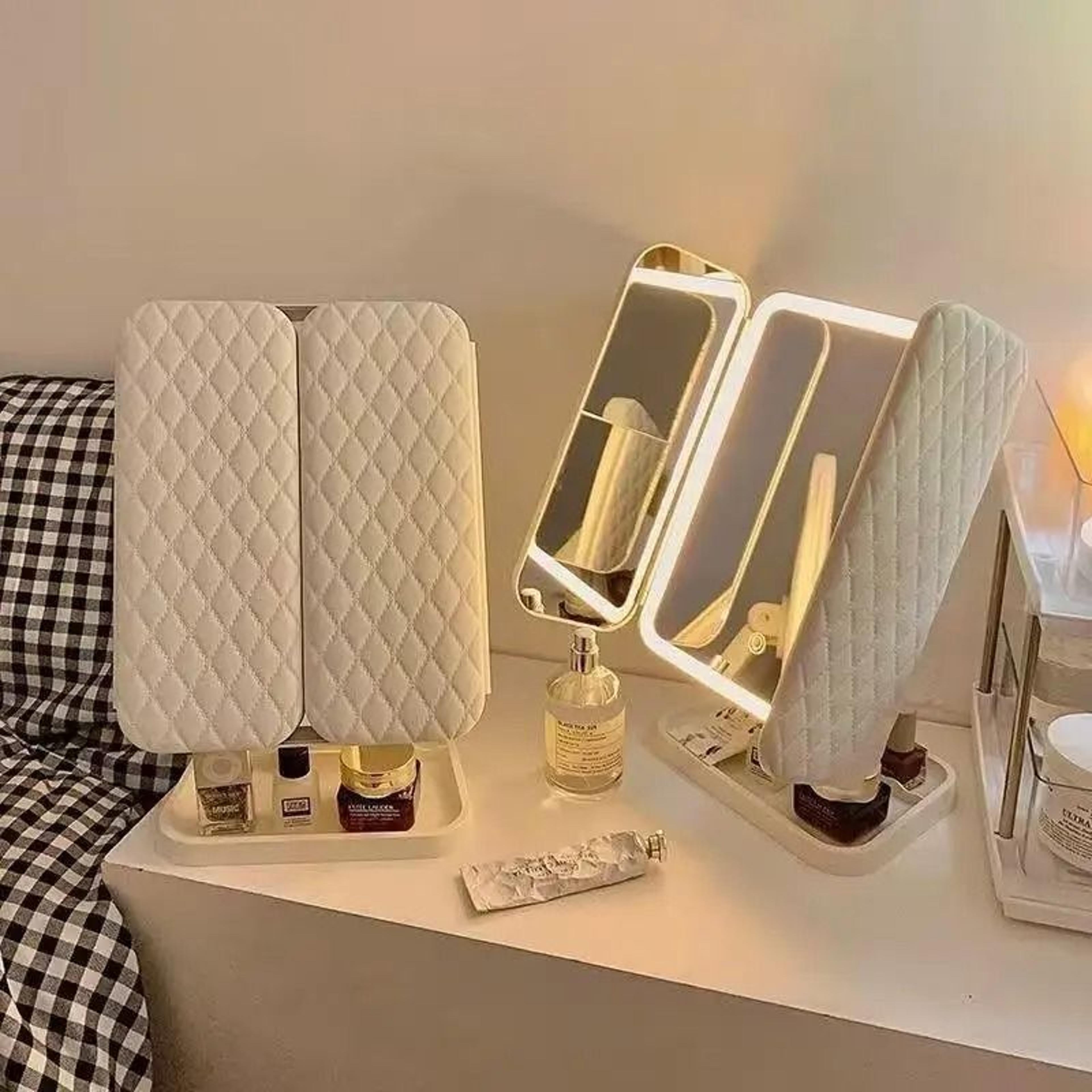 elegant led trifold makeup mirror desktop lighted vanity mirror for bedroom