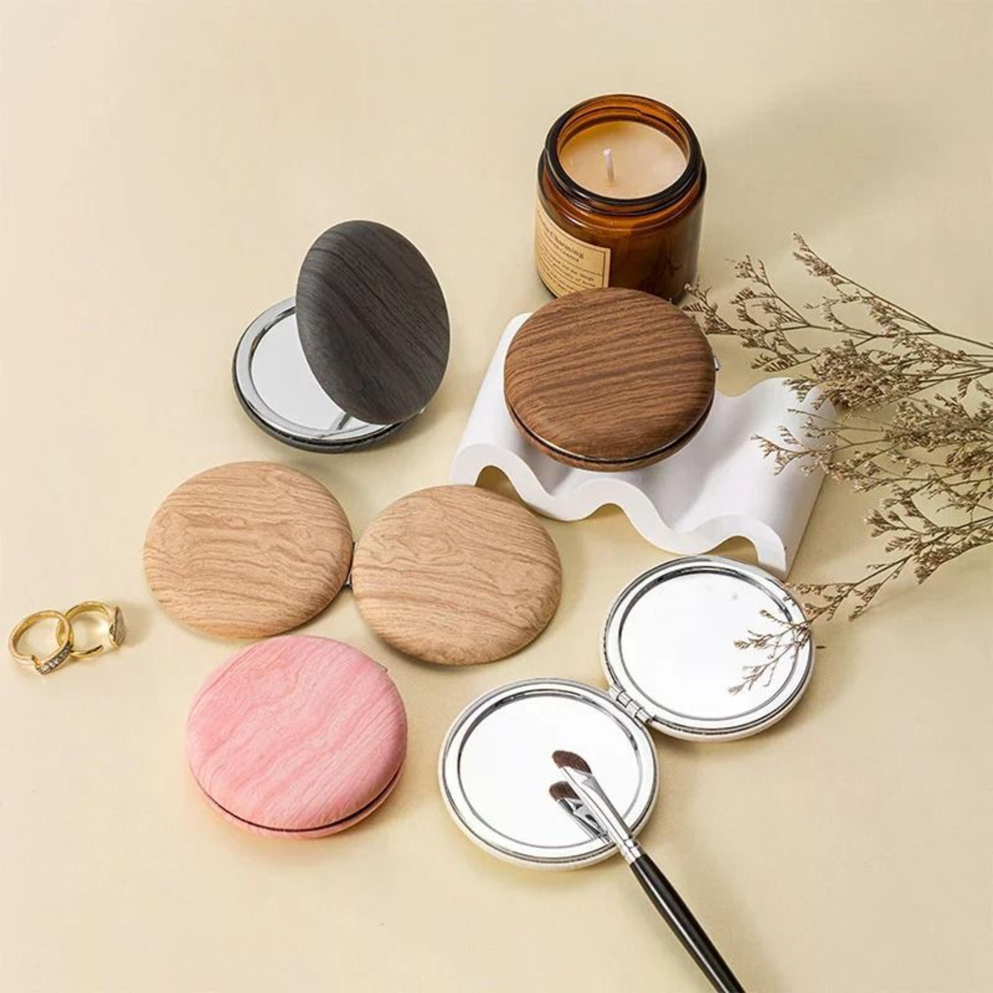 vintage wood grain compact mirror folding portable travel makeup mirror