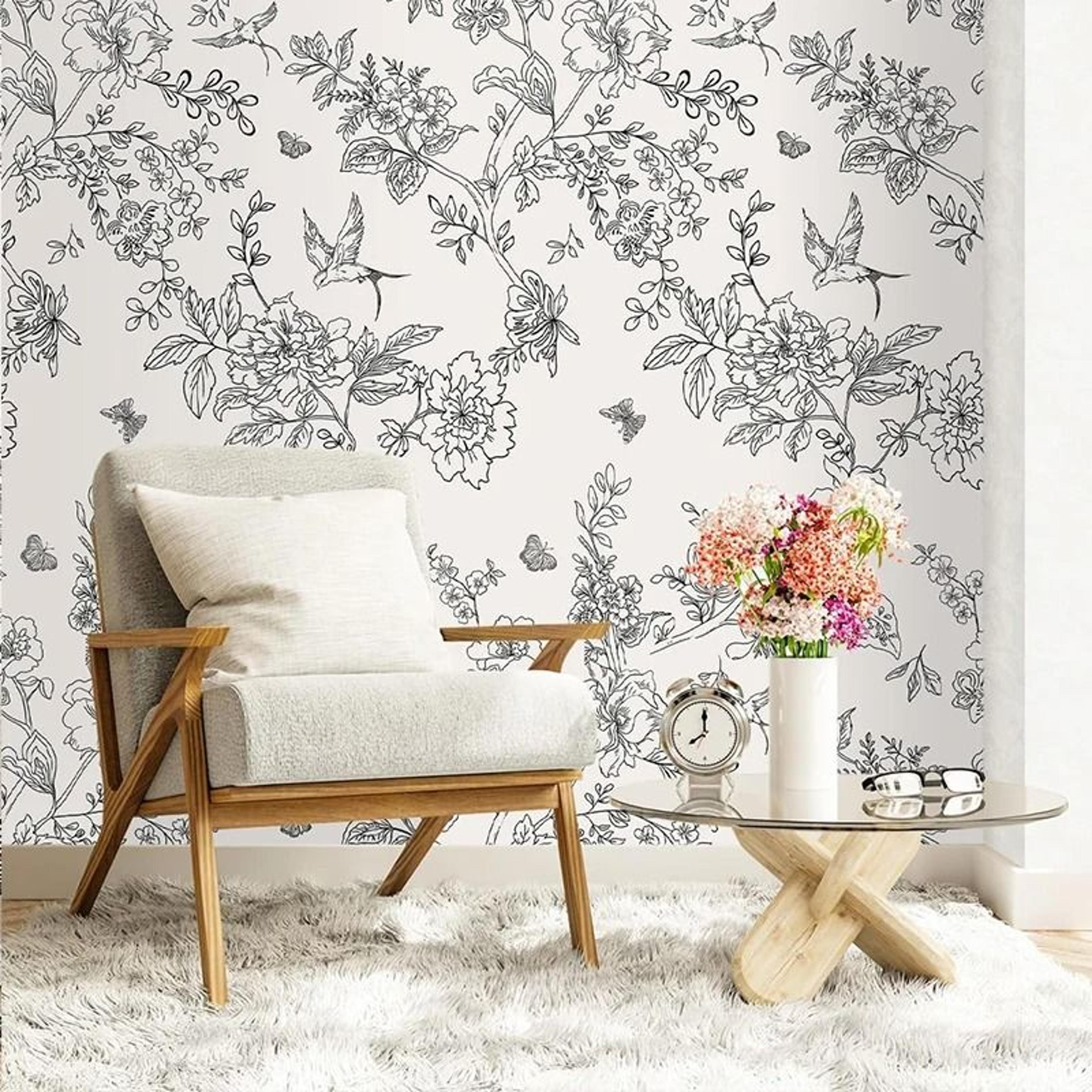 black and white floral peel and stick wallpaper removable bird contact paper
