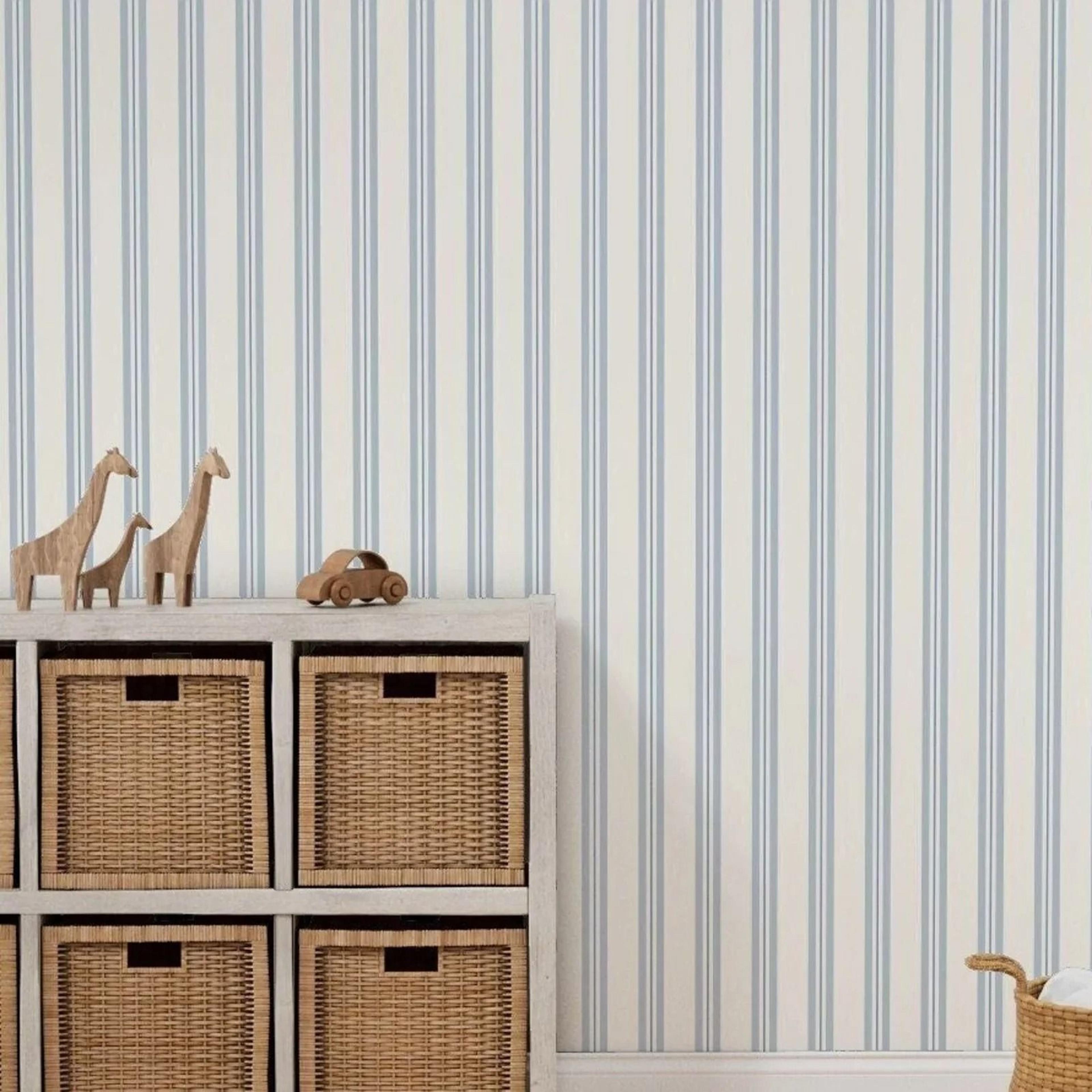 coastalcharm blue striped wallpaper boys bedroom wallpaper ticking stripe wall mural