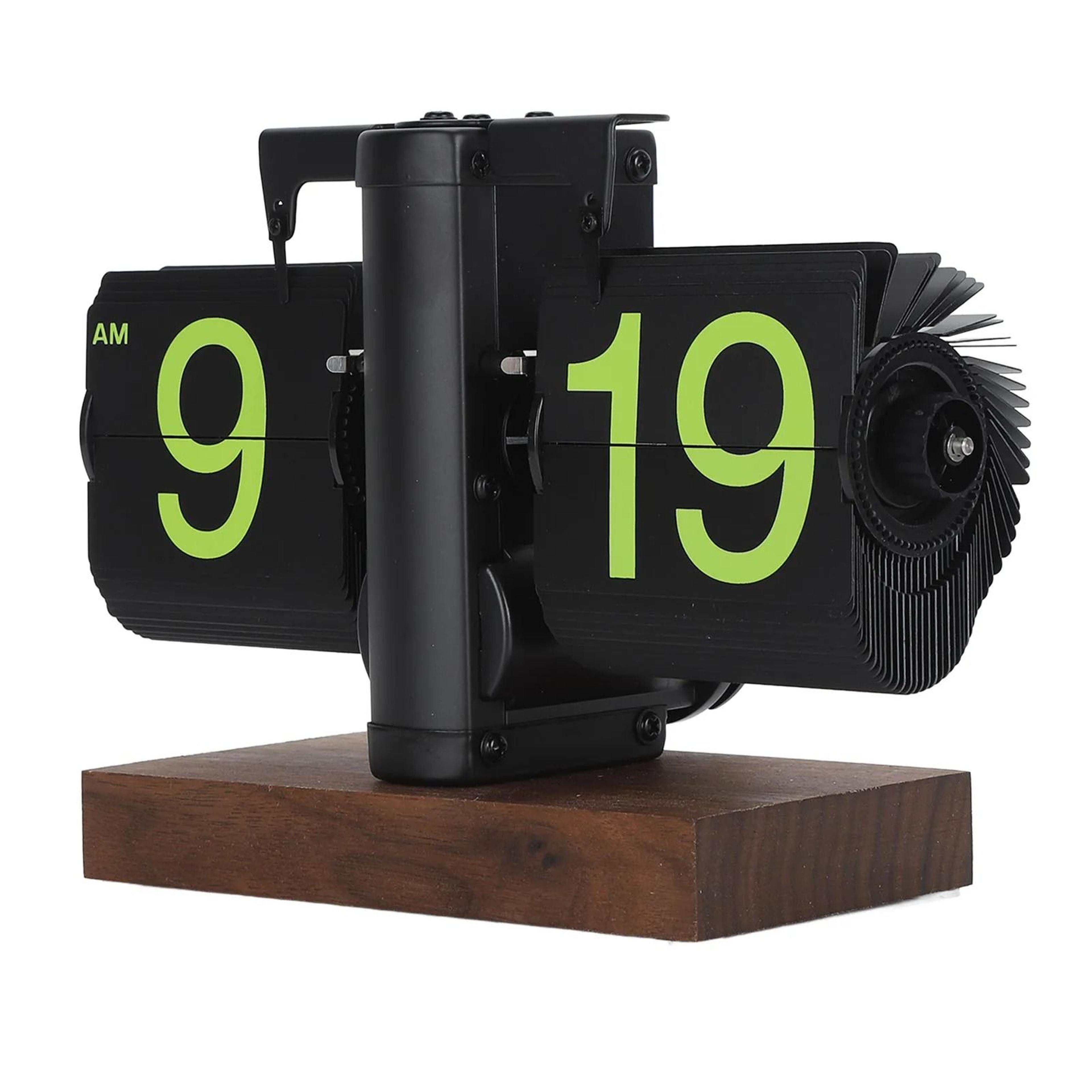 retro 12 hour automatic flip clock with large numbers and wood base
