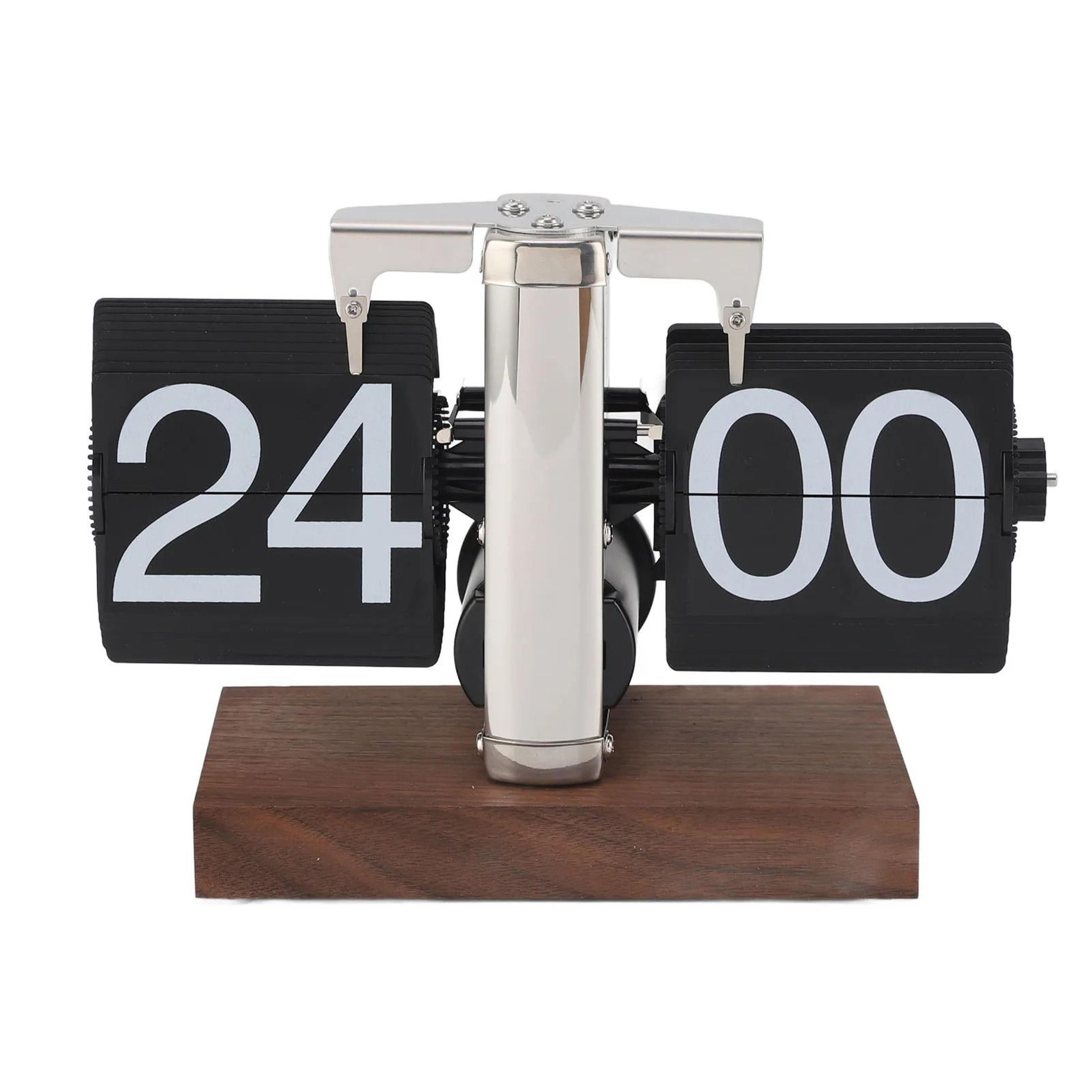 retro mechanical flip desk clock with wood base 24 hour display