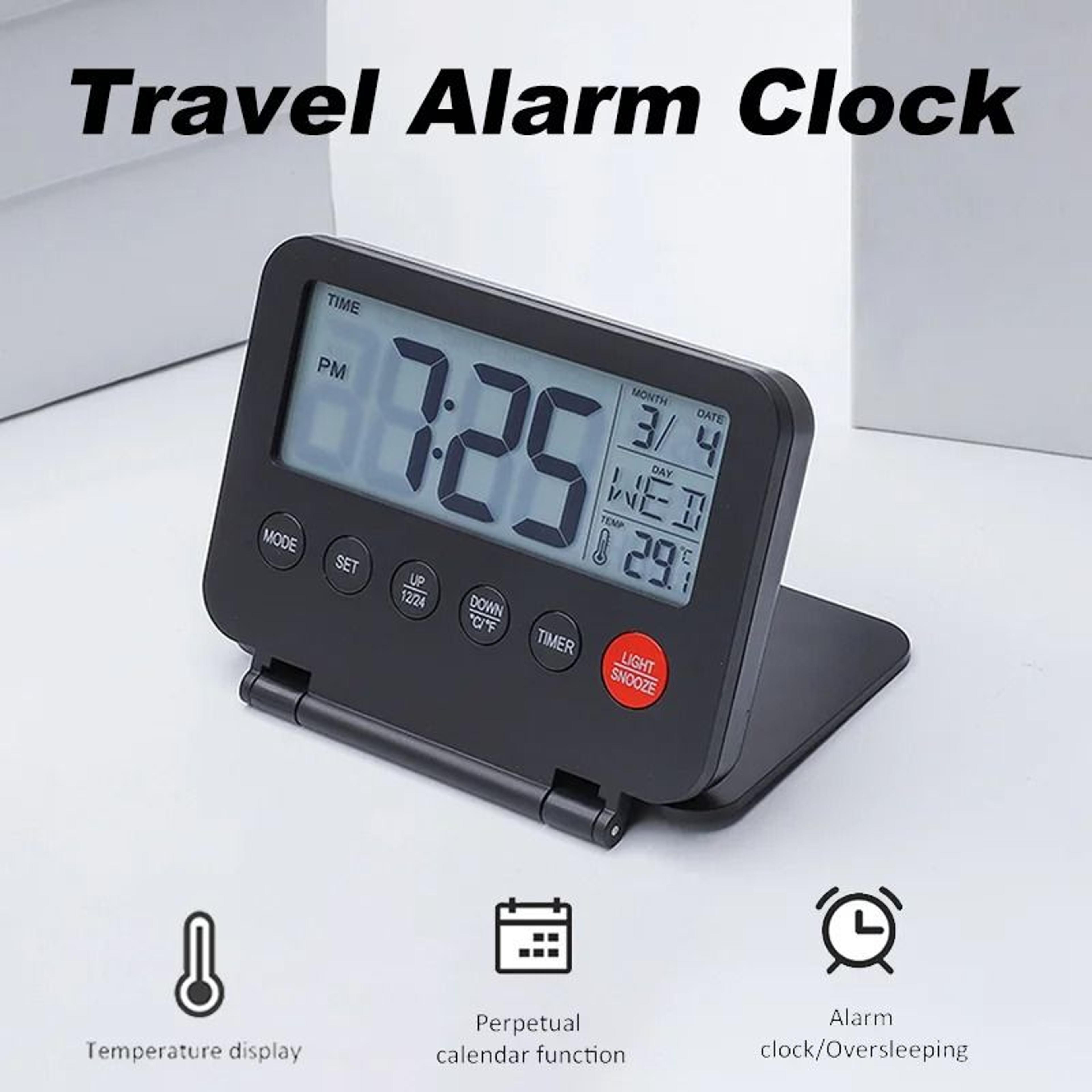 ultra thin foldable digital travel alarm clock with calendar temperature and snooze