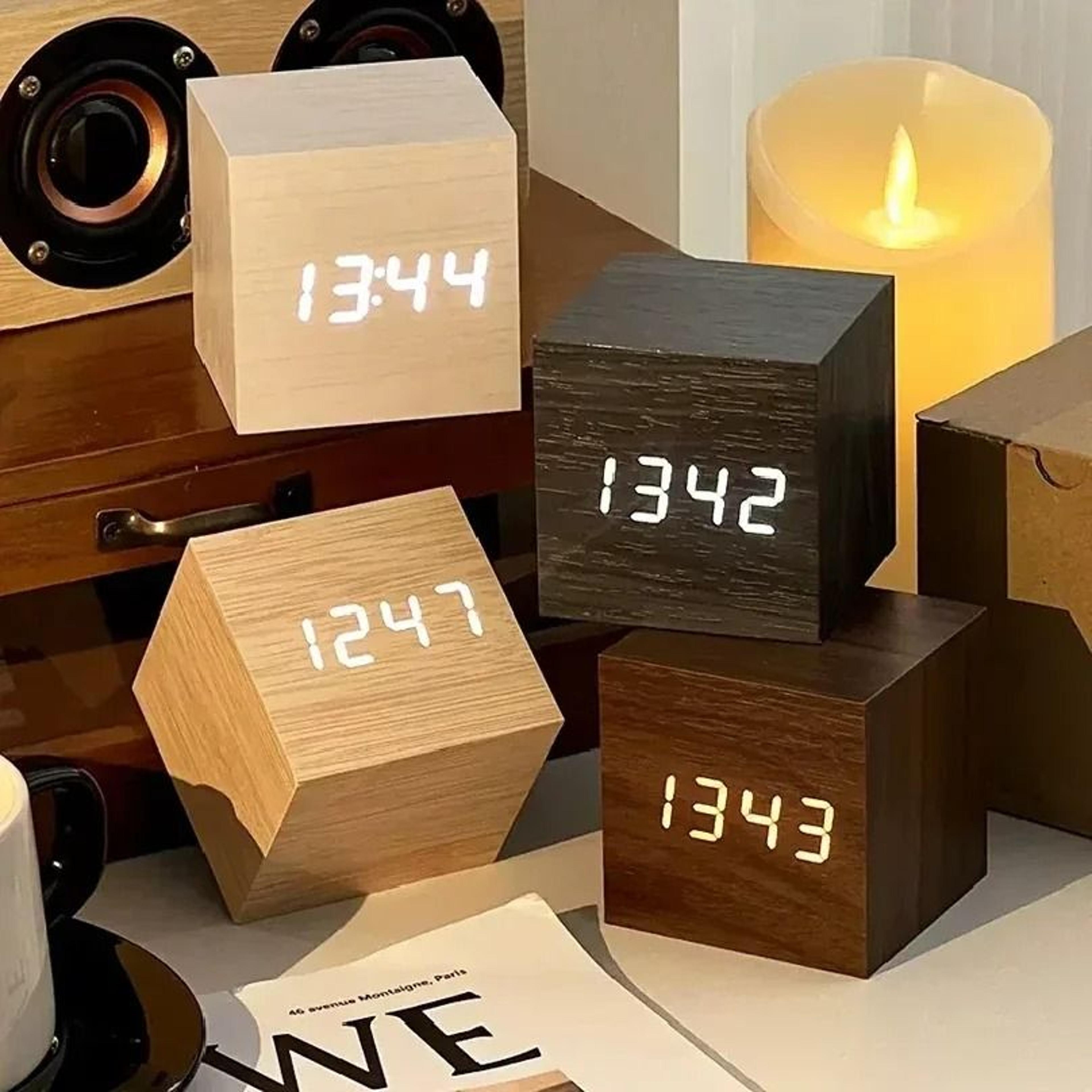 wood grain led alarm clock with sound control and temperature display