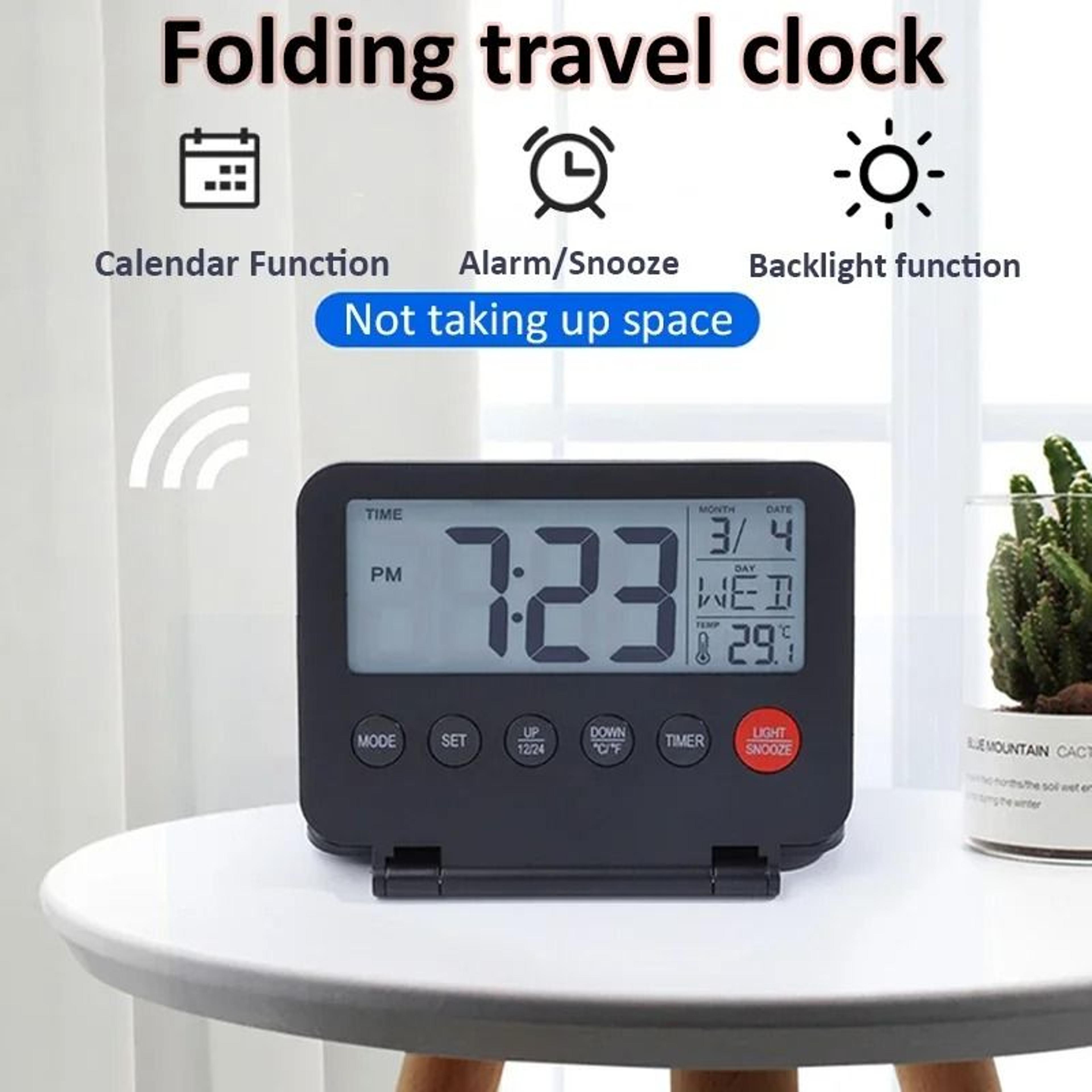 foldable digital travel alarm clock with calendar temperature and backlight