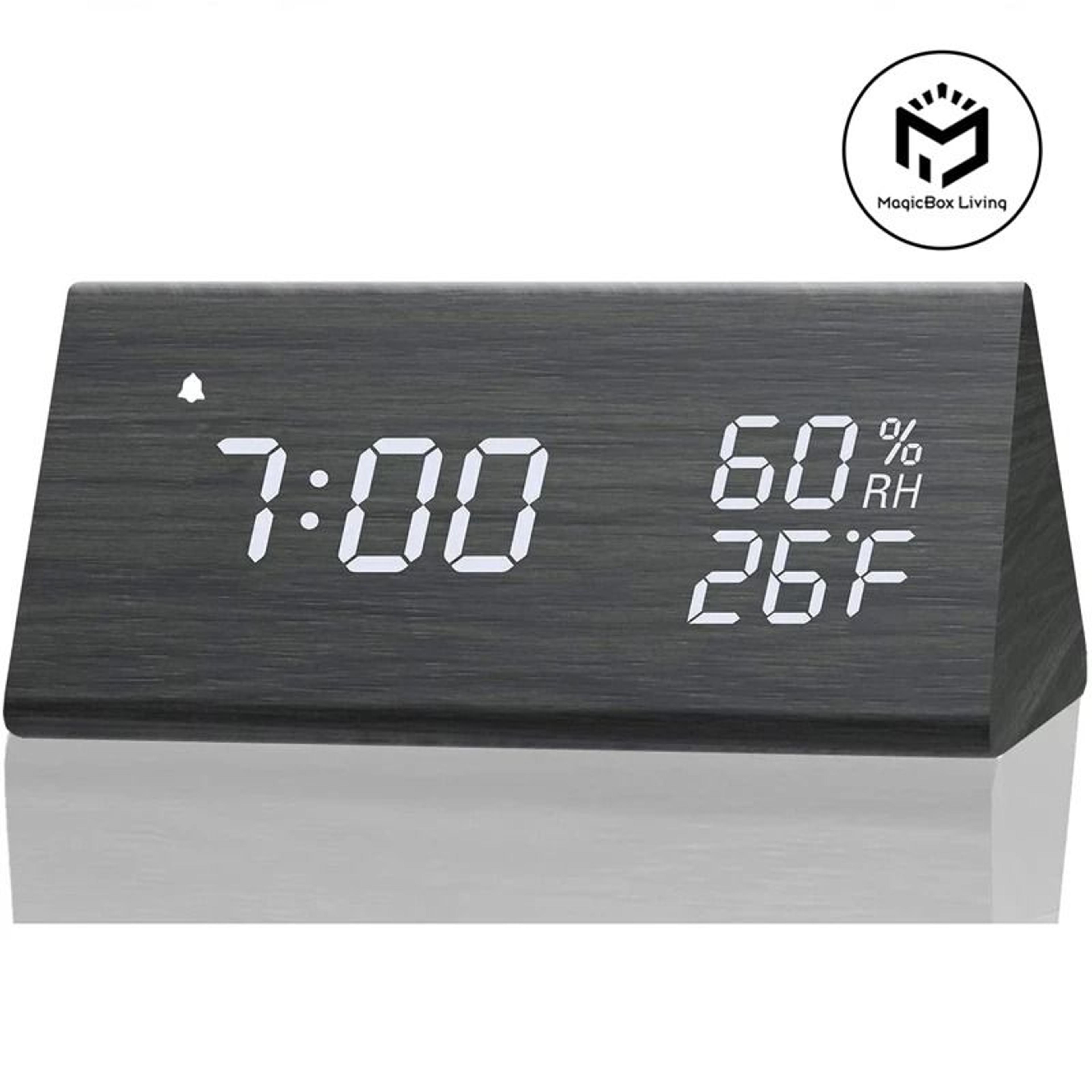 wooden led alarm clock with temperature humidity and usb charging
