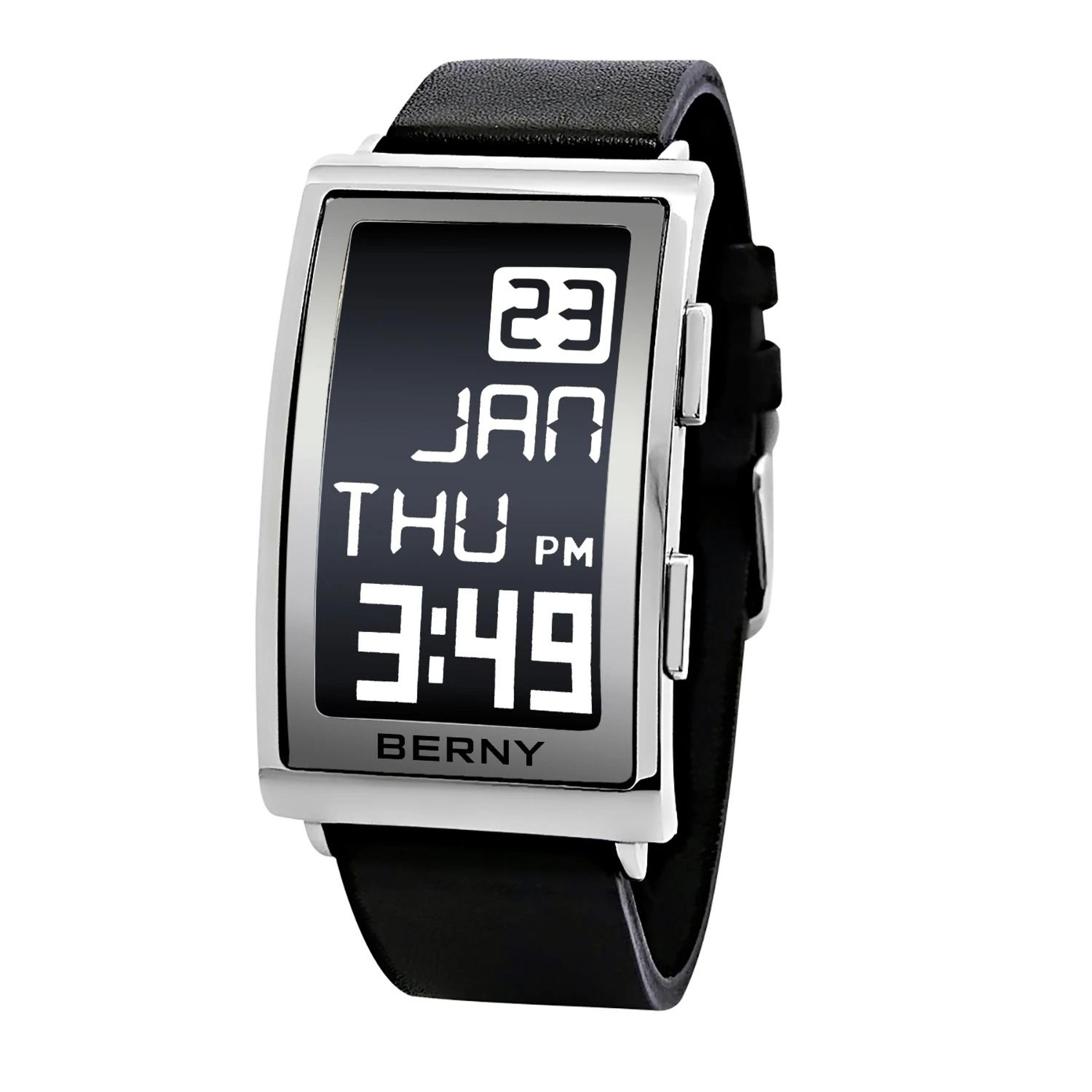 modern digital watch for men with ink display and leather strap