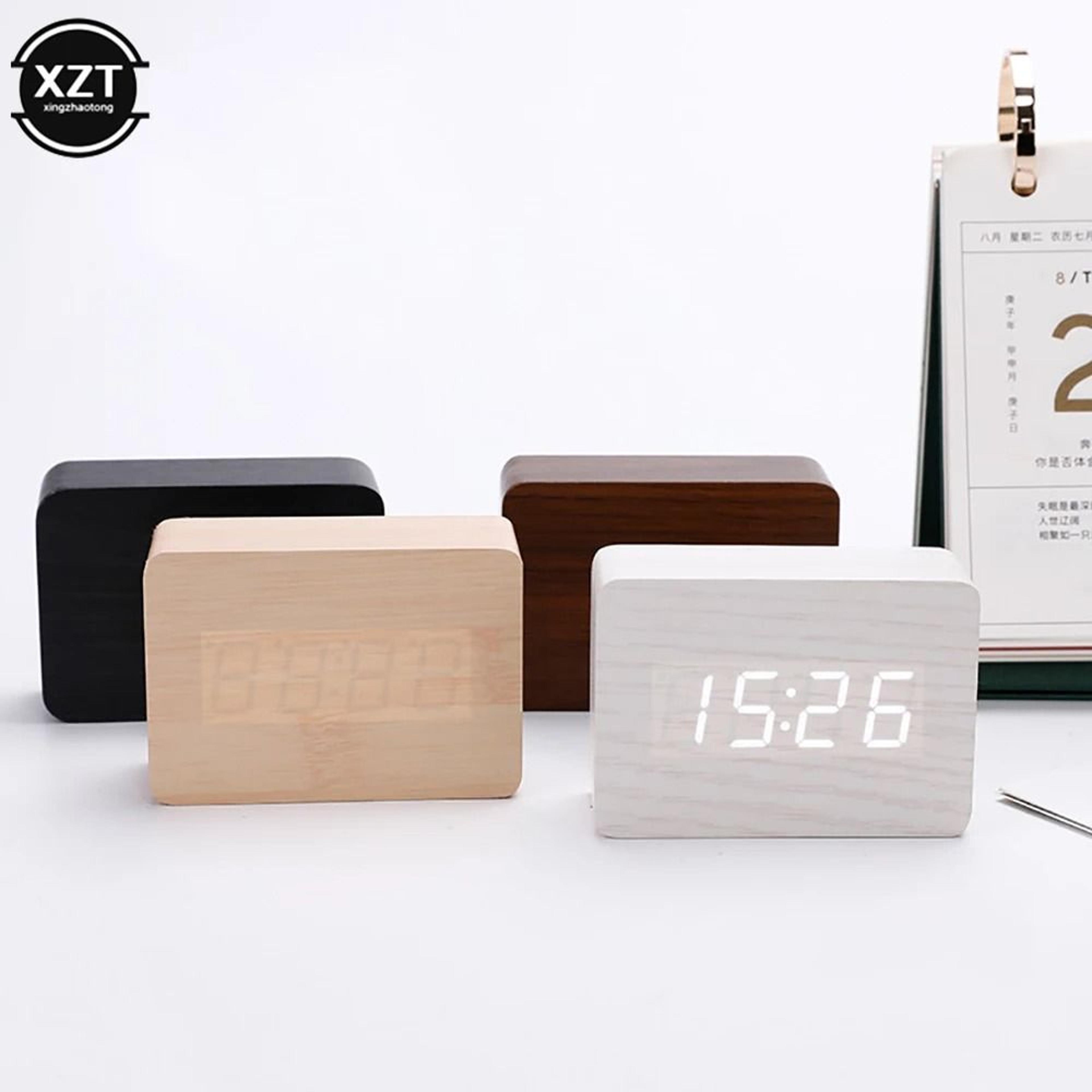 modern wooden digital alarm clock with led display and voice control