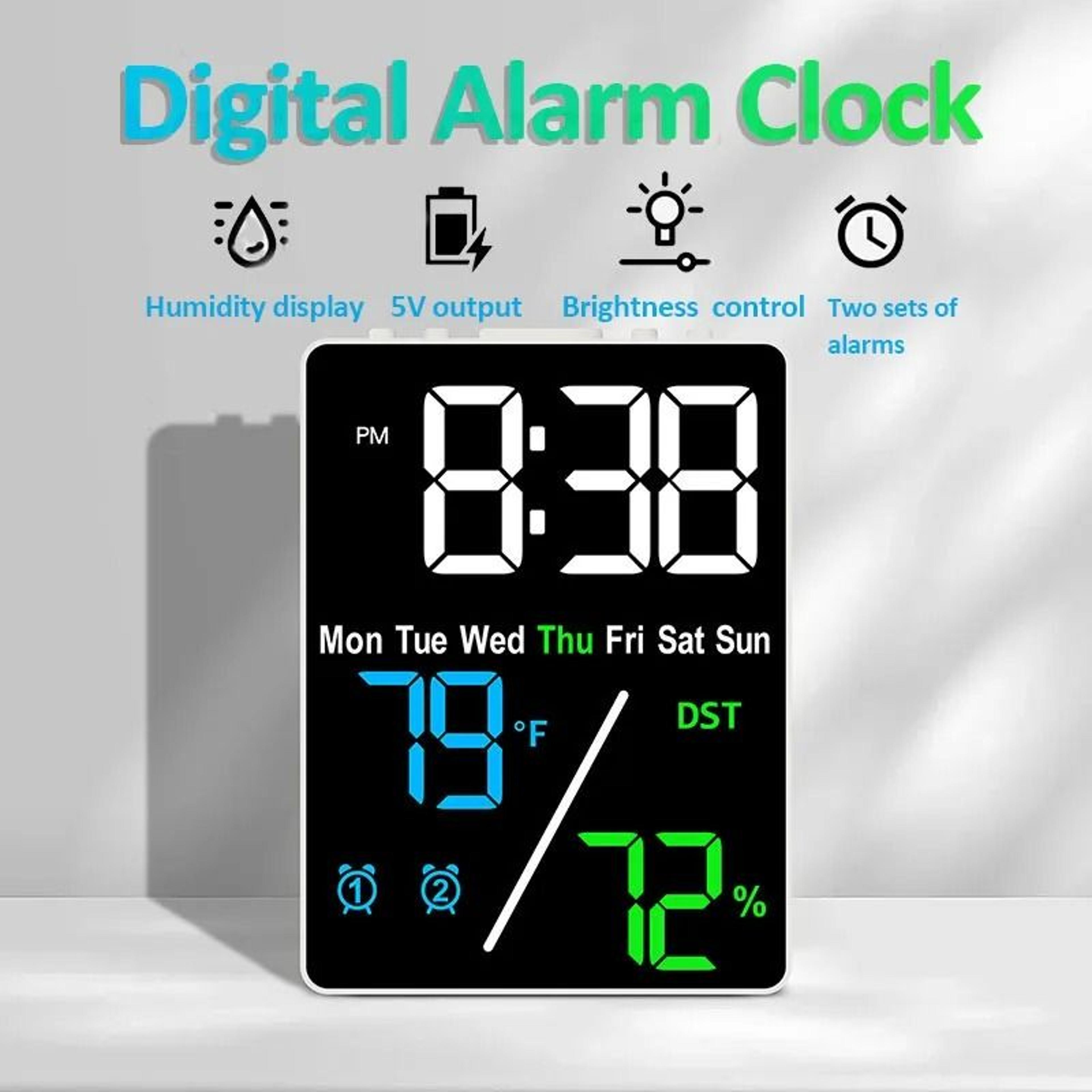 smart large screen digital alarm clock with humidity display and usb charging