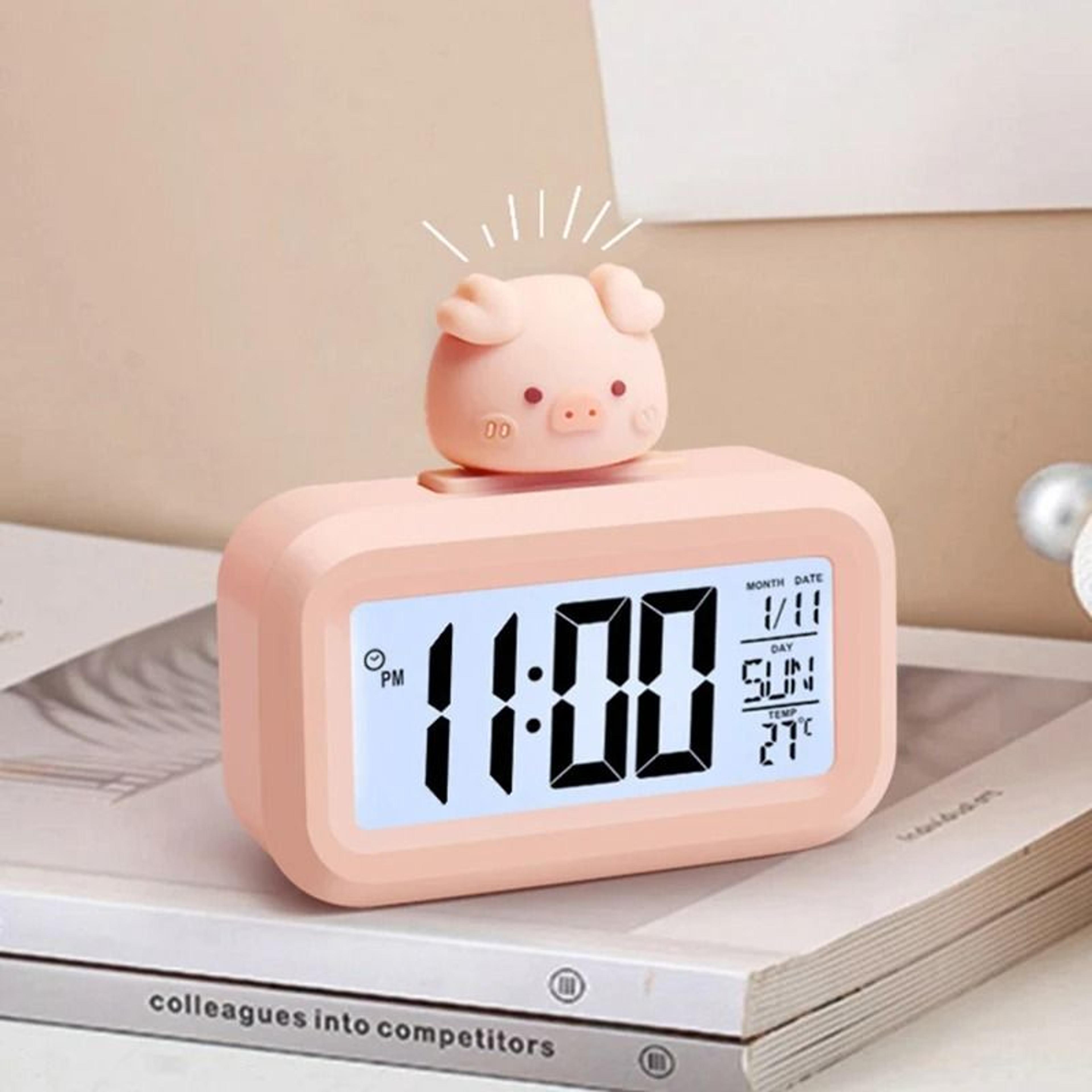 cute pig alarm clock with led display and night light