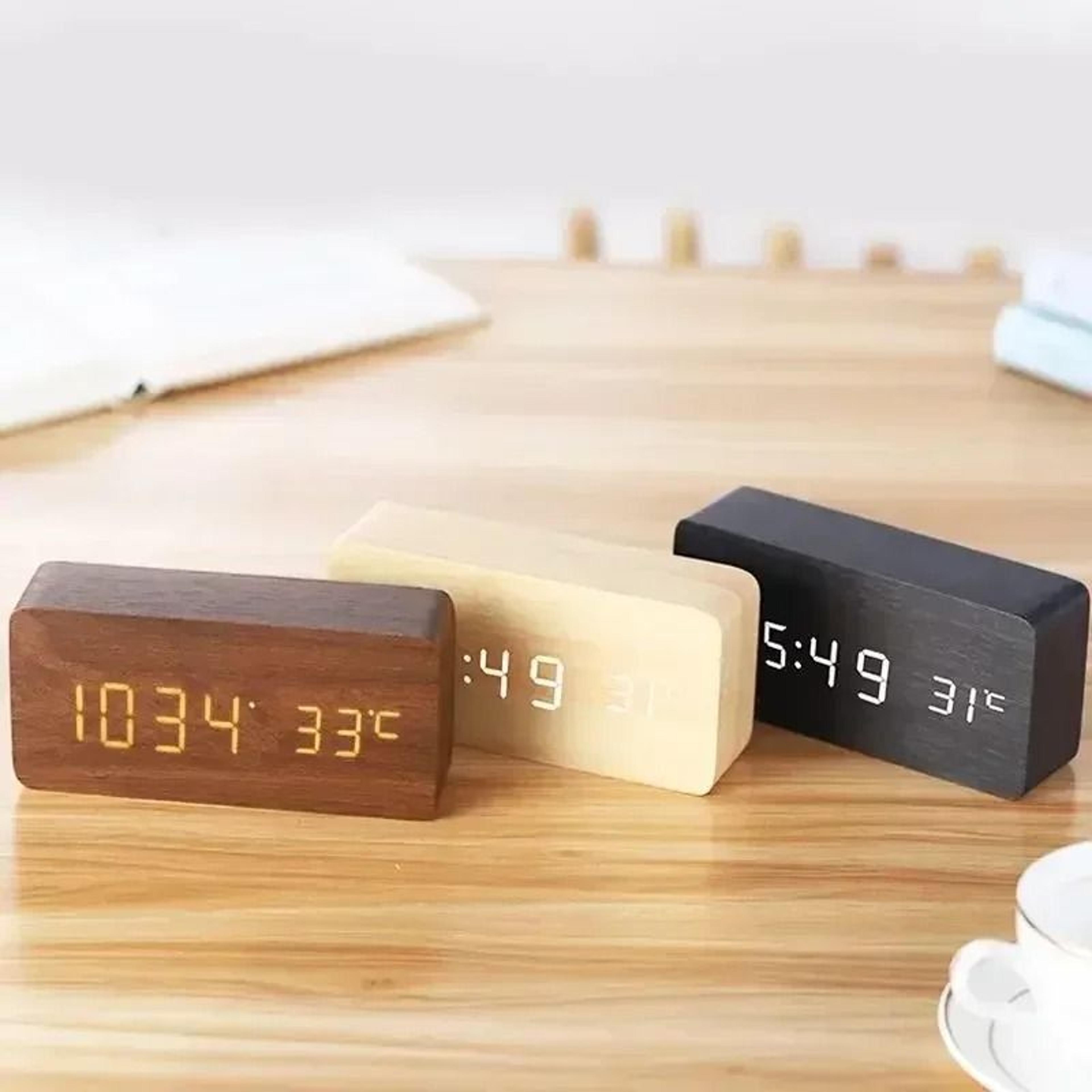 wooden digital alarm clock with led temperature display