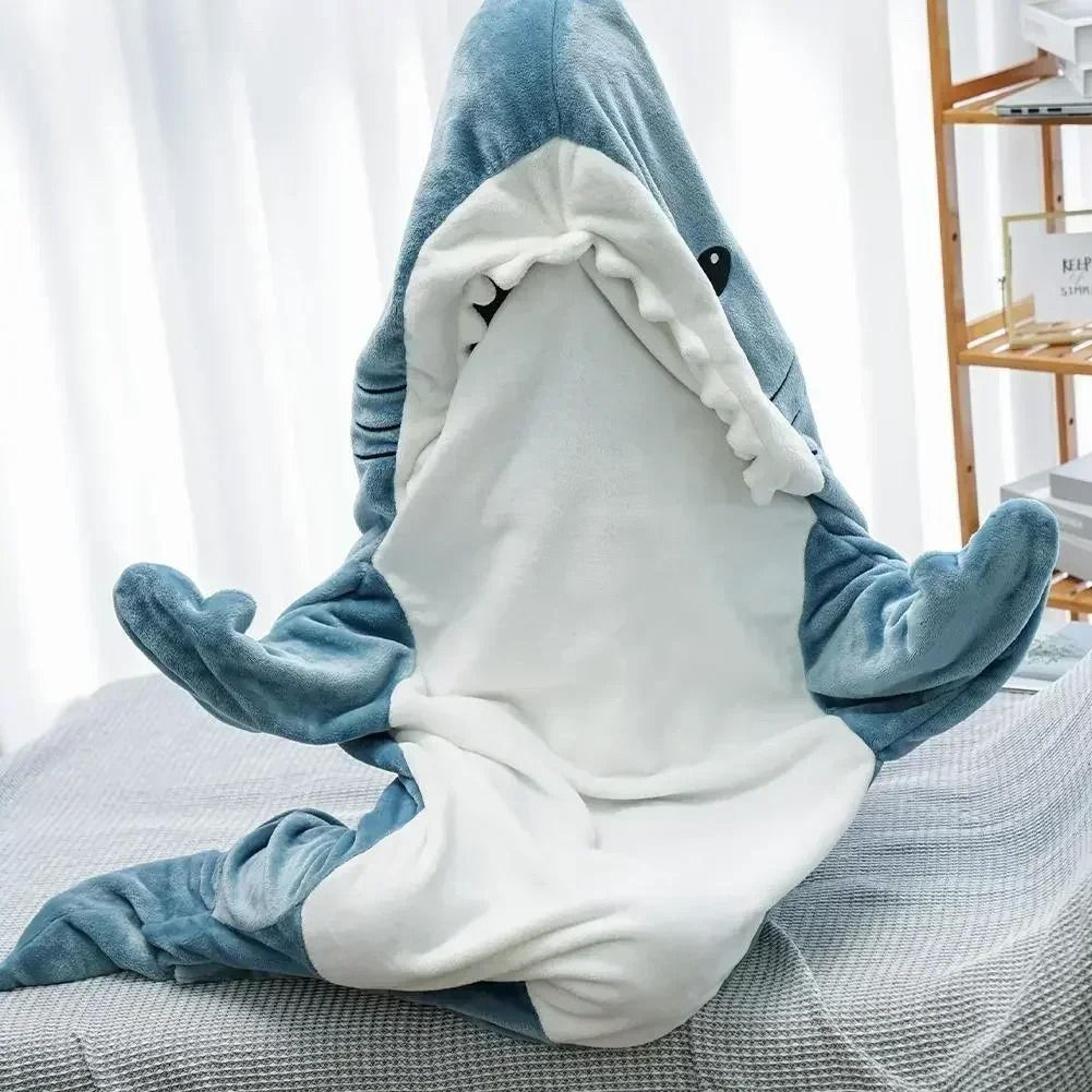 cartoon shark blanket hoodie warm flannel wearable sleeping bag