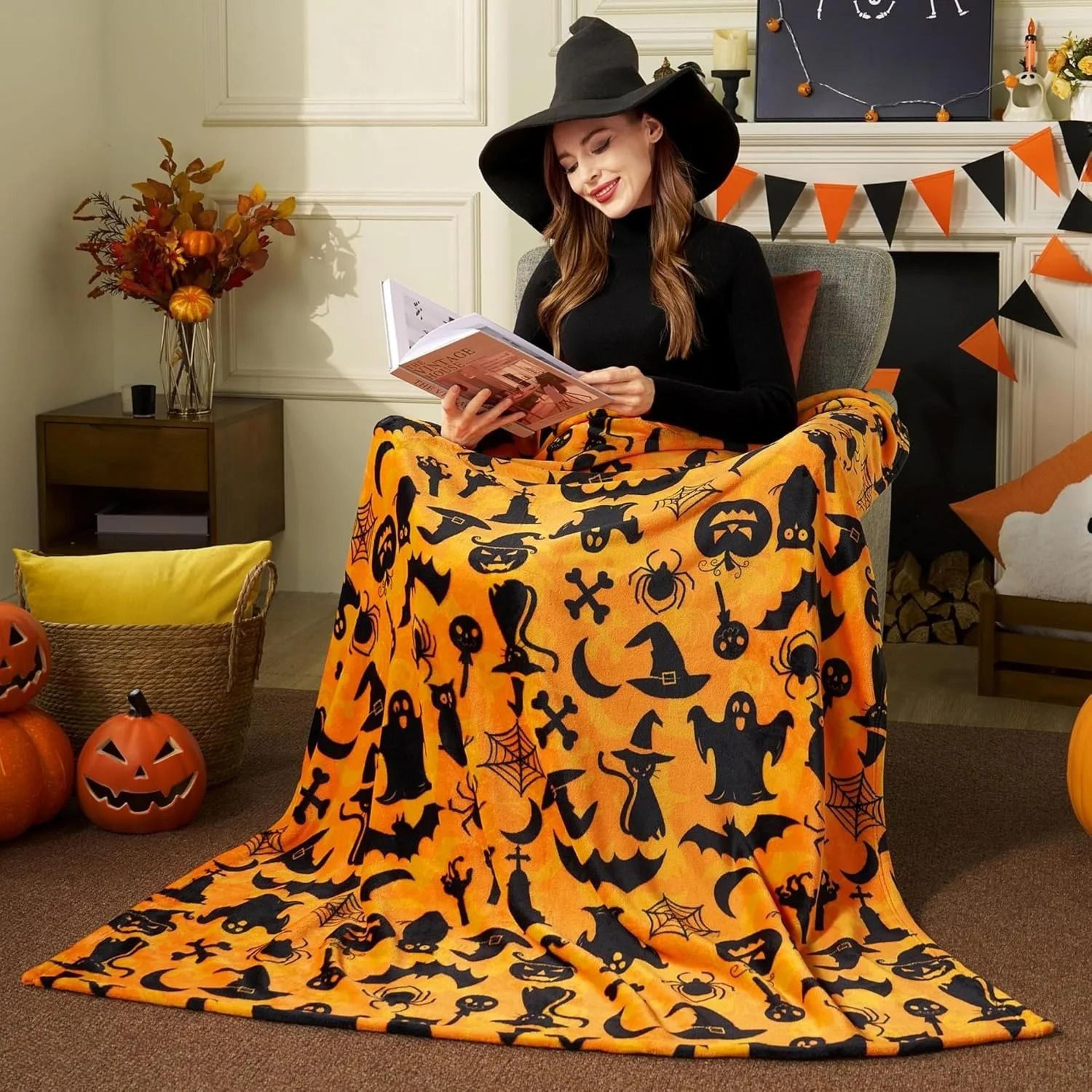halloween fleece throw blanket black bat pumpkin ghost skull design