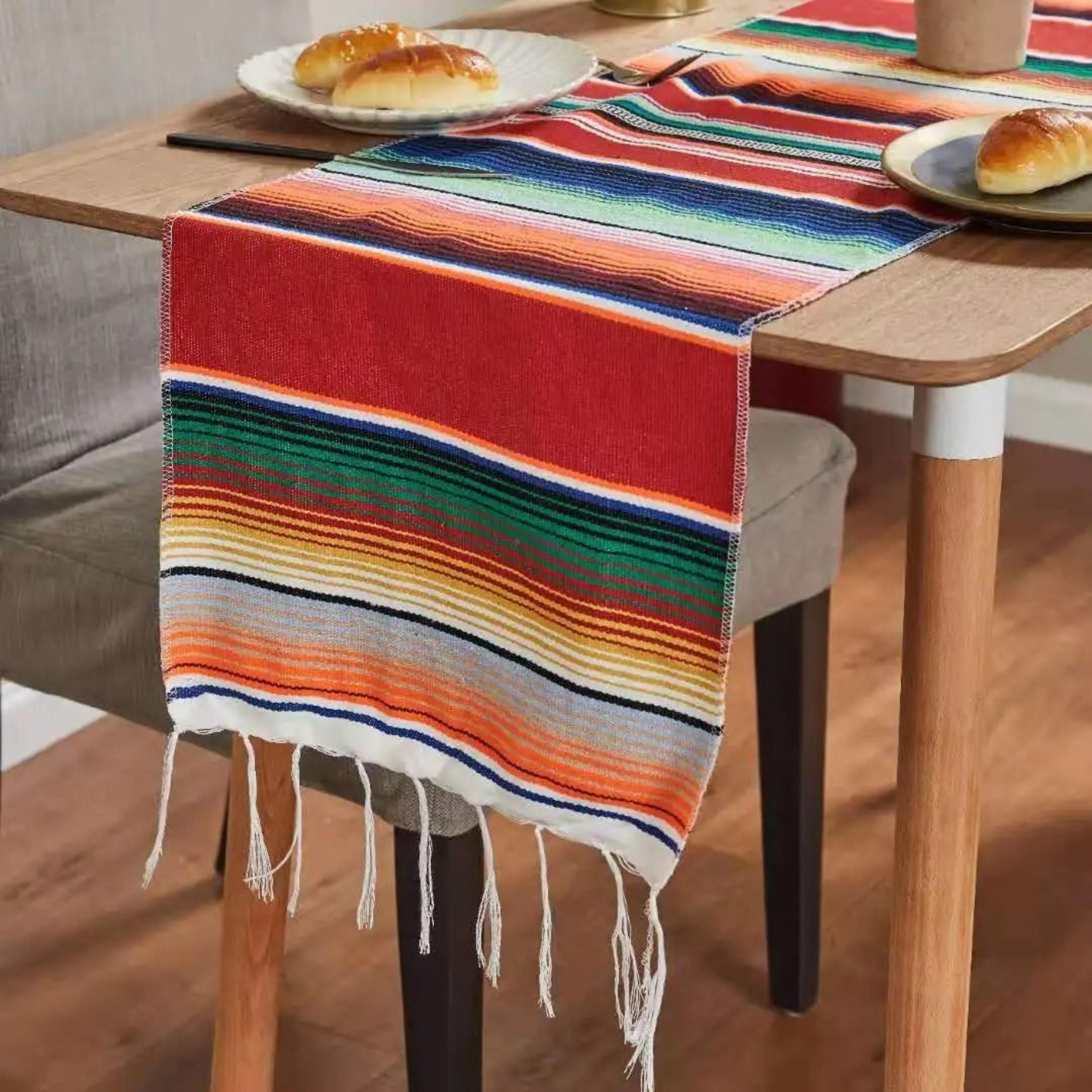 colorful mexican serape table runner woven fringe party decor