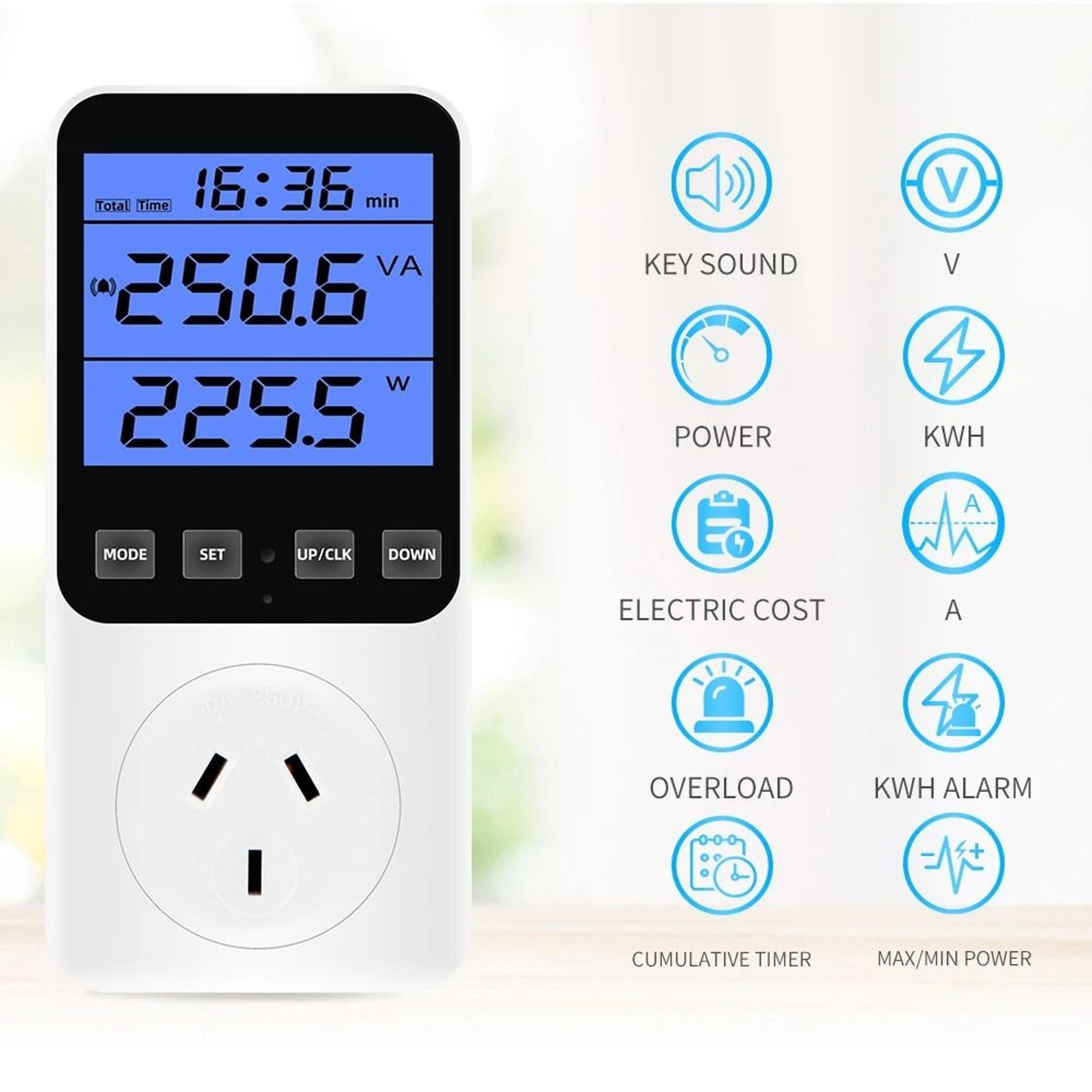 230v plug-in power meter and electricity usage monitor with cost display